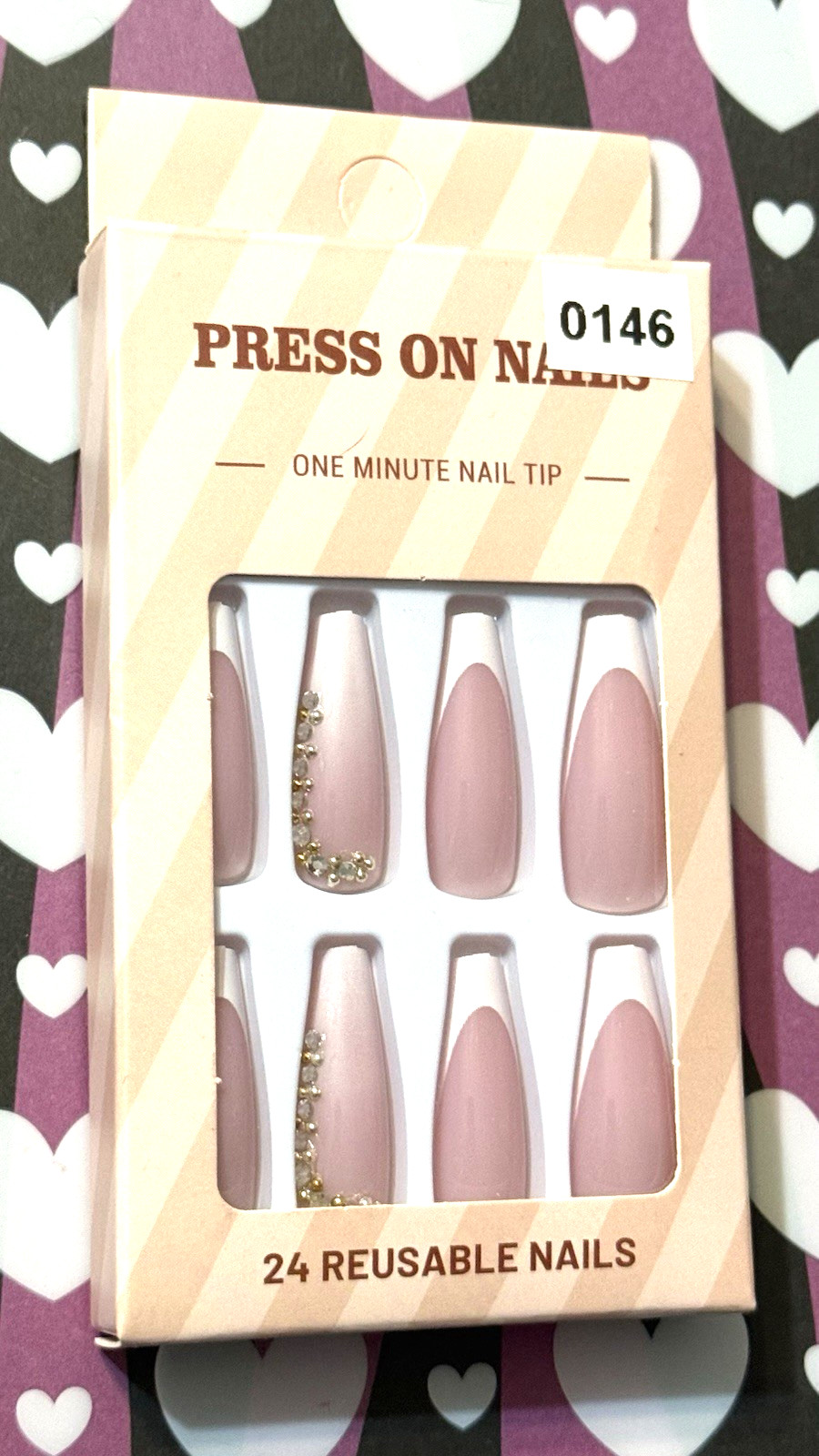 Press On Nails One Minute Nail Tip NUDE with WHITE FRENCH TIP & BLING 24 Long