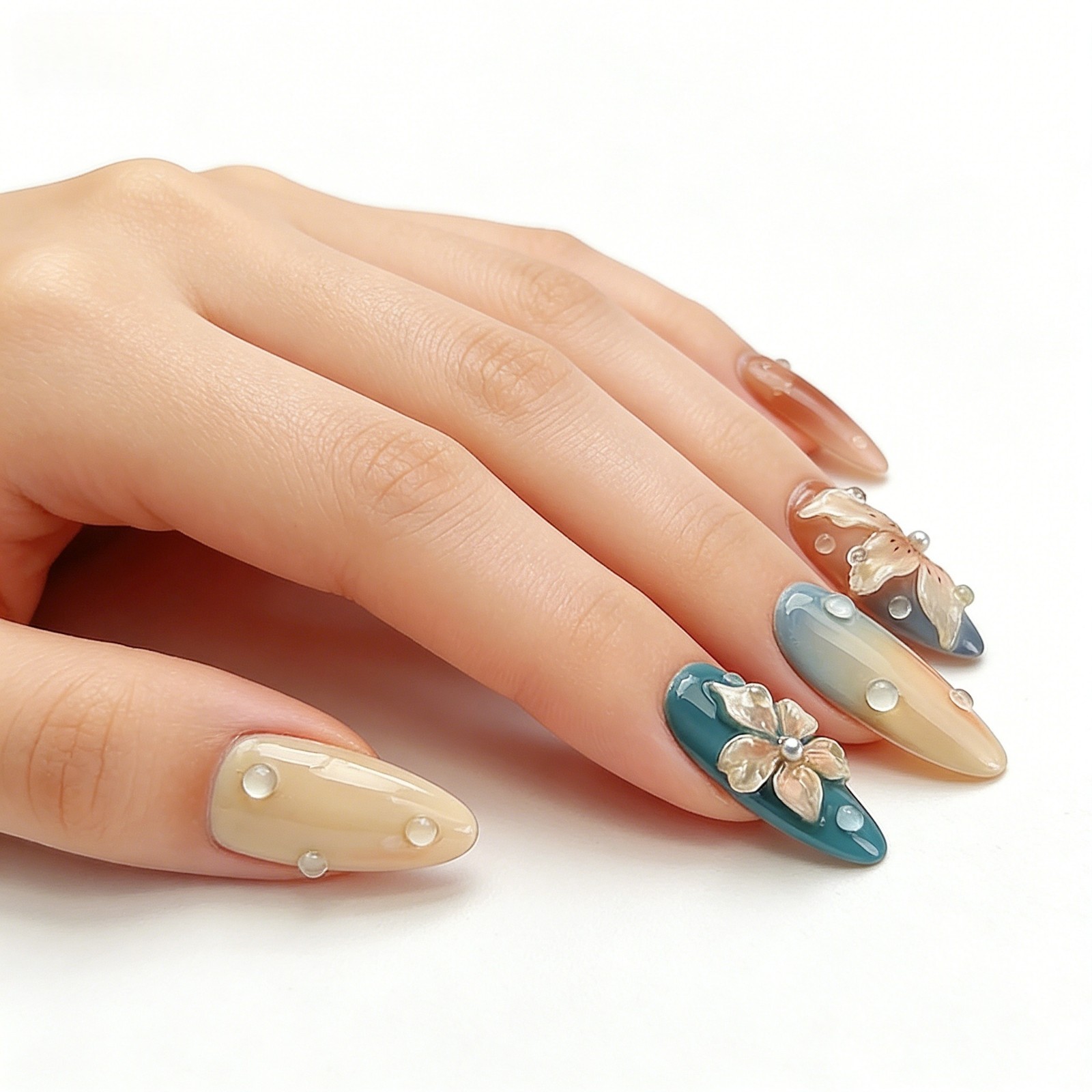 Blue Orange Flower Press On Nails Medium Almond 3D Waterdrop Glue On Set