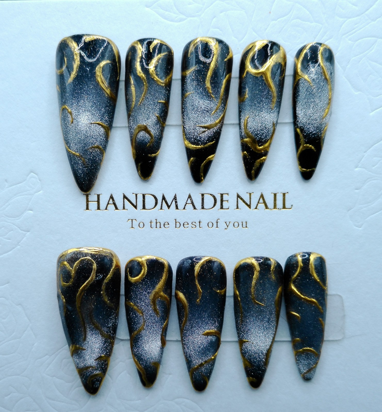 Long Stiletto Cat Eye and Chrome Press-on Nails, Medium Size