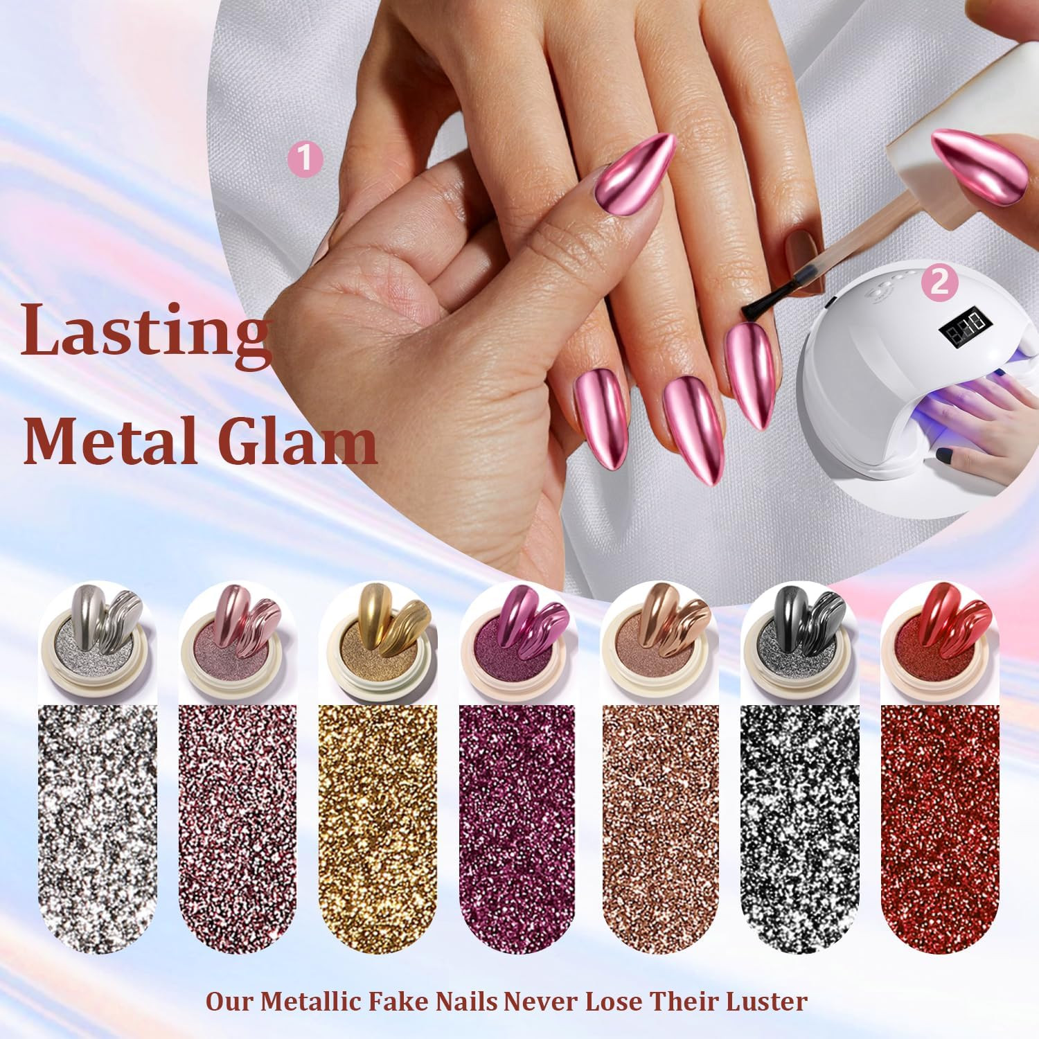 Black Chrome Press on Nails Medium Almond Nails Press ons Metallic Nails Glue on