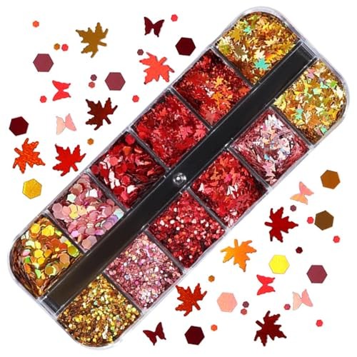12 Grids Fall Nail Glitters 3D Gold Maple Leaf Nail Sequins with Glitter Gold