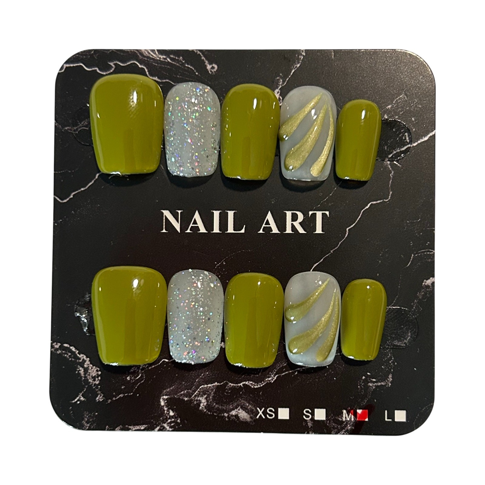 Green and Opaque Clear Short Square Press On Nails – Size Medium