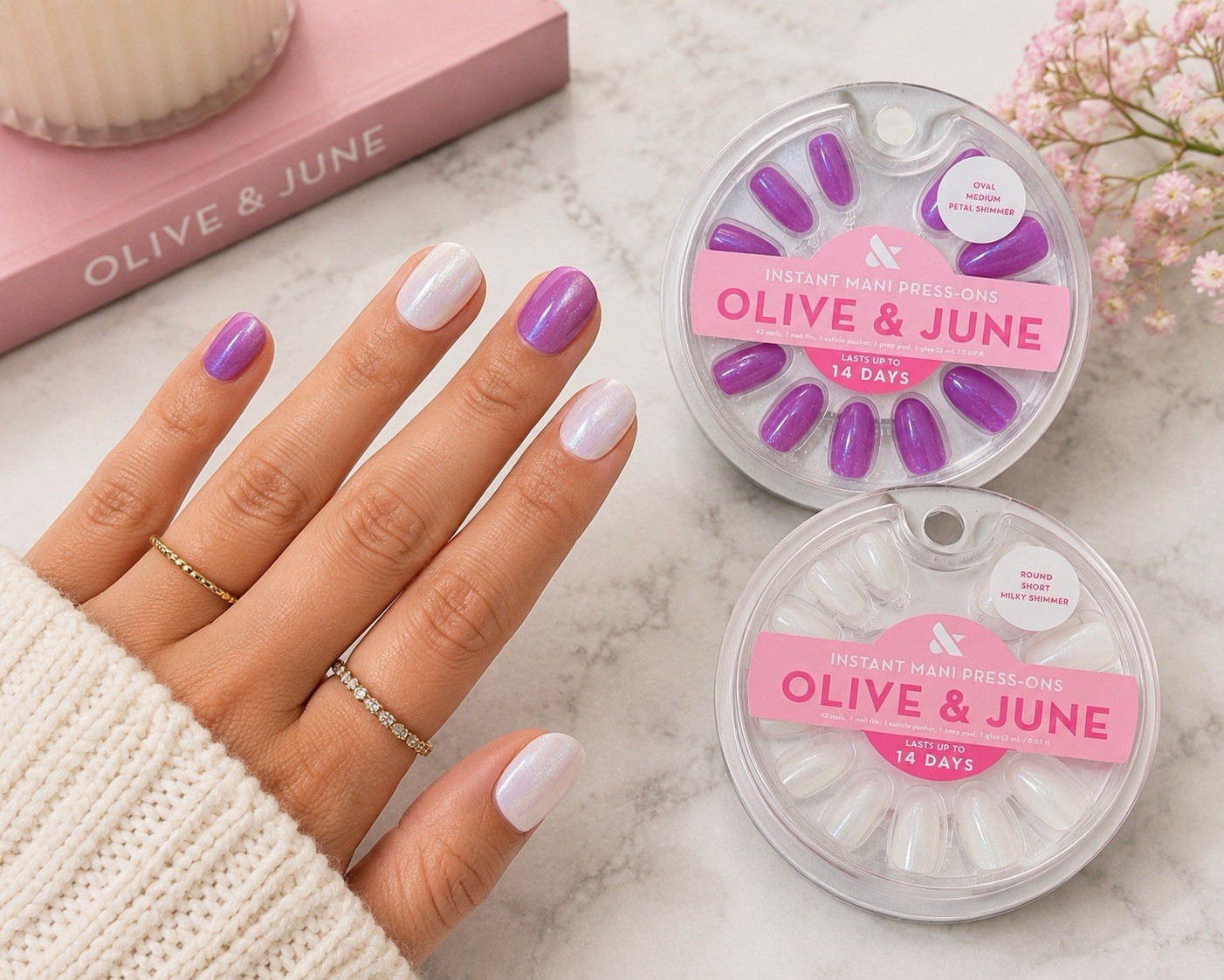 2Pk Olive & June Press-On Nails Oval Round Petal Milky Shimmer Short Medium