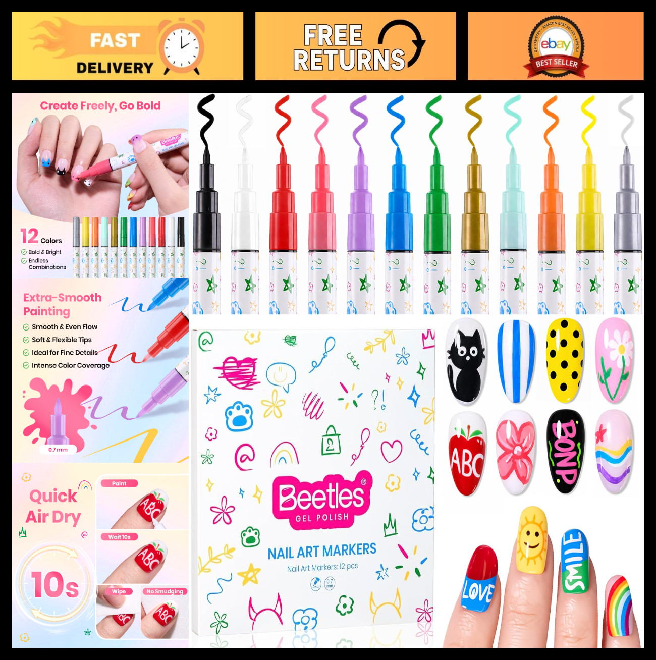 12 Colors Nail Art Pens – 0.7MM Quick Drying Acrylic Paint Markers for DIY Nail