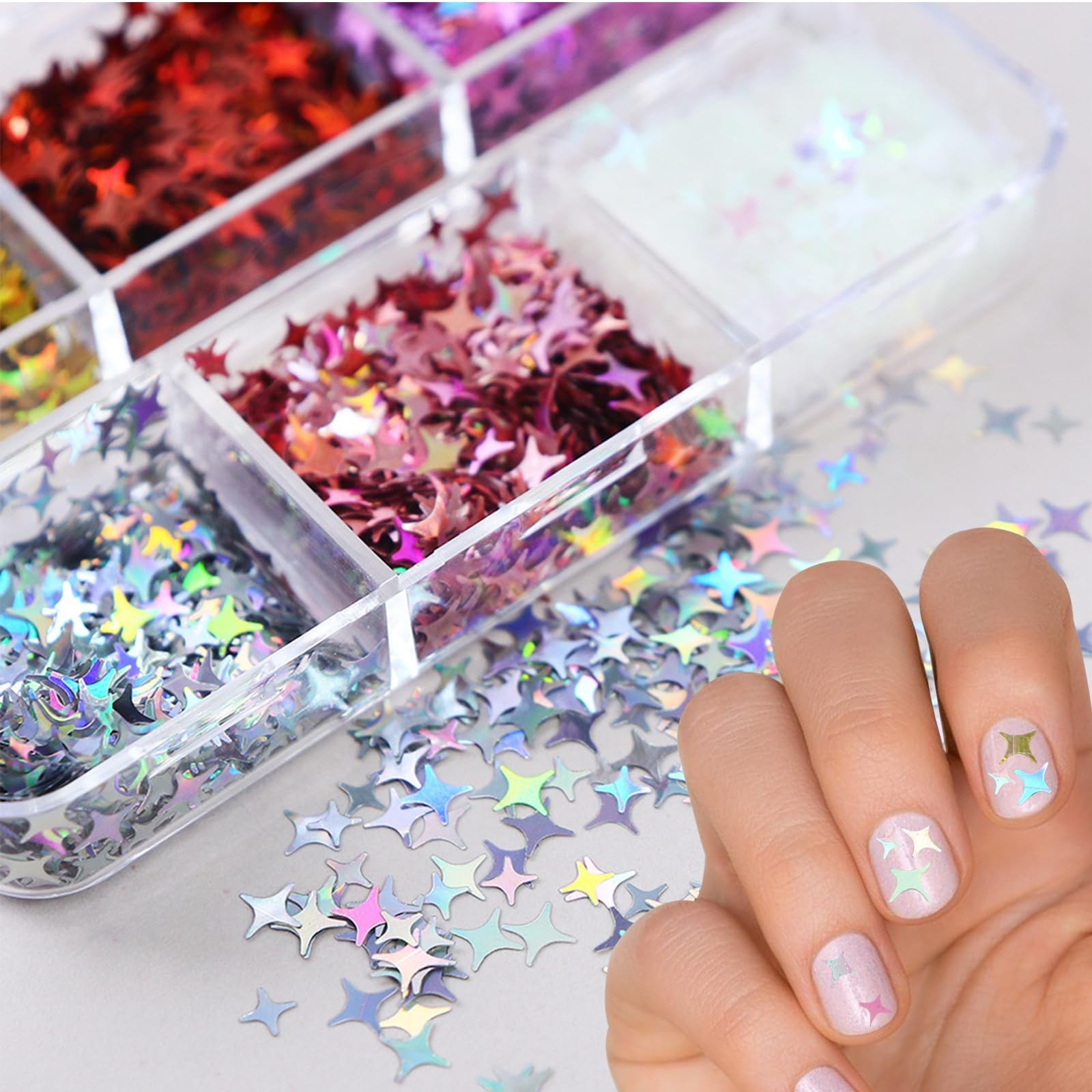 6 Grid Holographic Star Nail Glitter Set,3D Five-Pointed Star Sequins,Flakes …