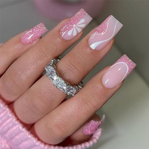 Square Press on Nails Medium Hot Pink Fake Nails Glitter Square Fake Nails-22
