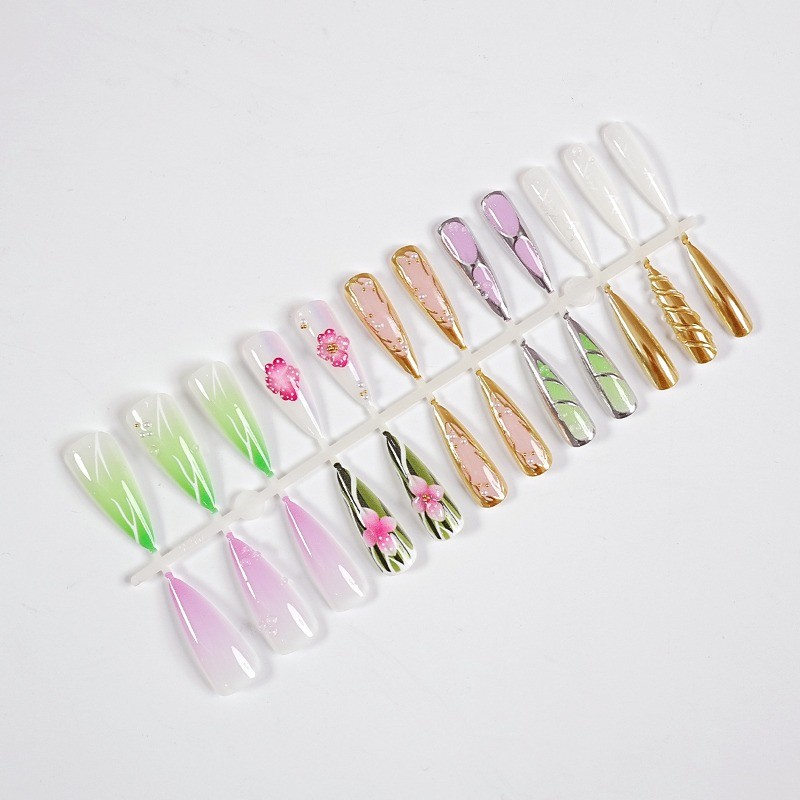 48Pcs-Long Almond Green Purple Gradient Gold Line Water Pearl Press on Nails Set