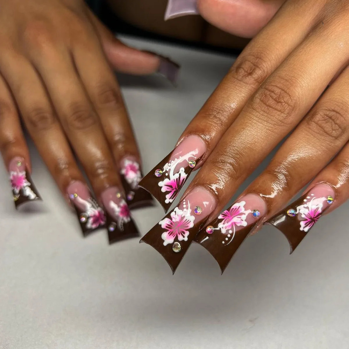 Pink Leopard Duckbill Press On Nails Sweet French Full Cover False Nails