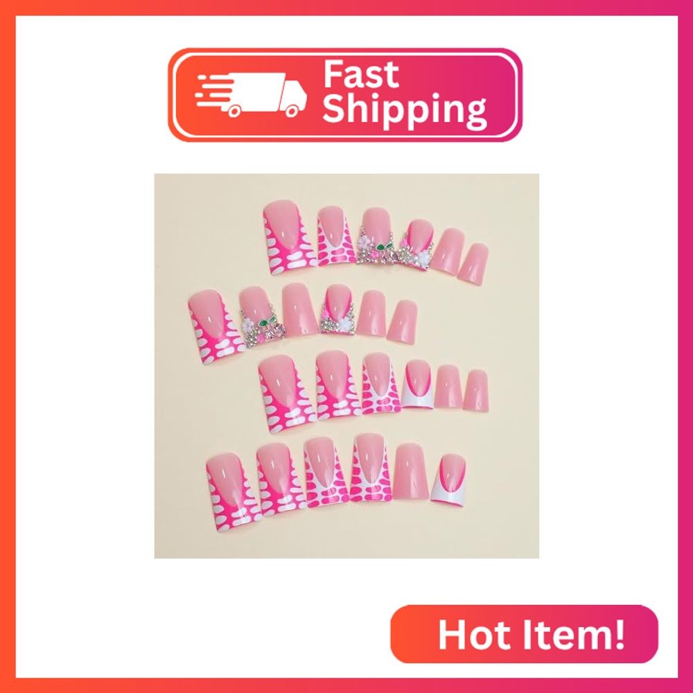 BAOYAALIN Duck Press on Nails Pink French Tips Fake Nails with Rhinestone ＆ Cher