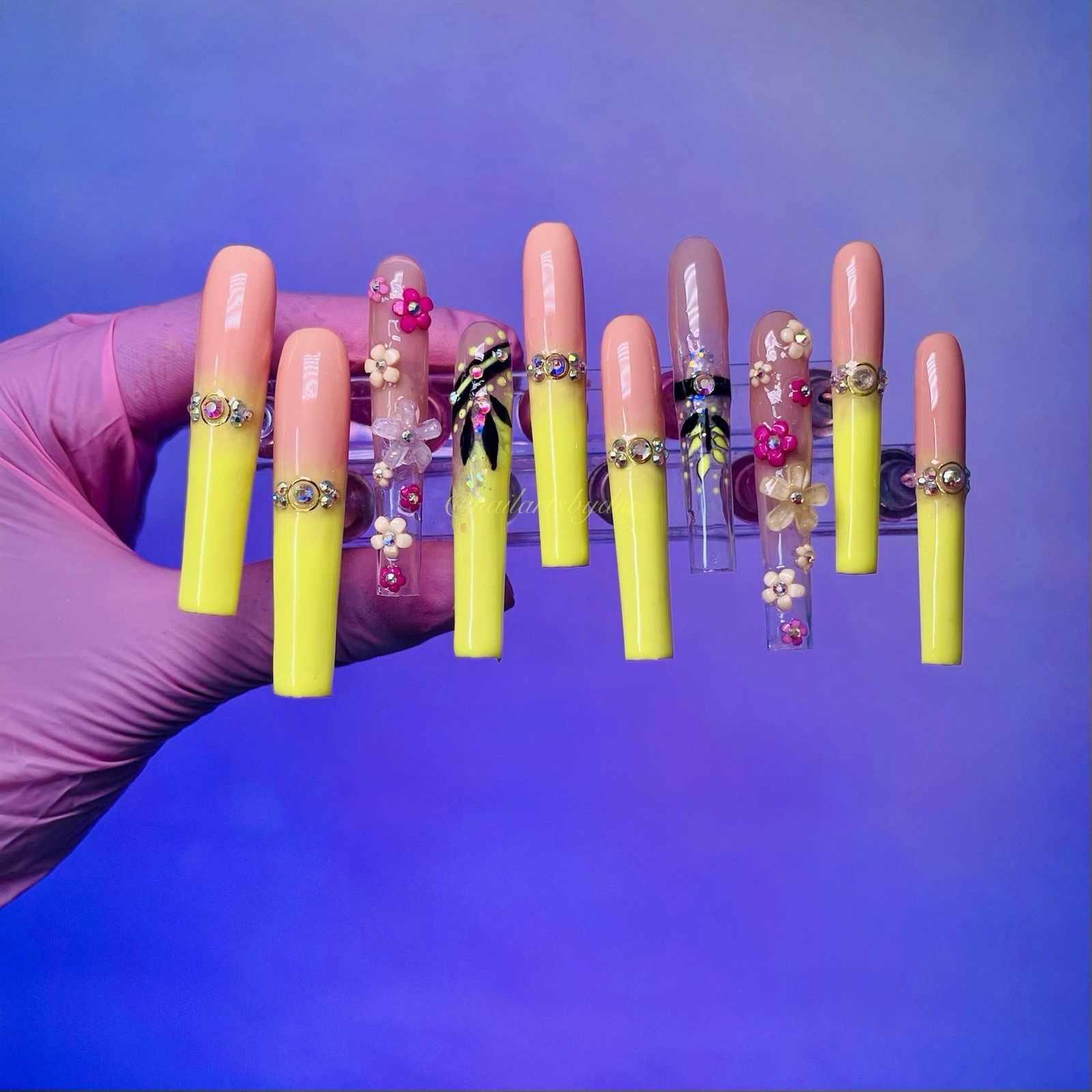 Authentic Nail Arts by Dia Square Press-On Nails Pink Yellow Flowers Shiny Long
