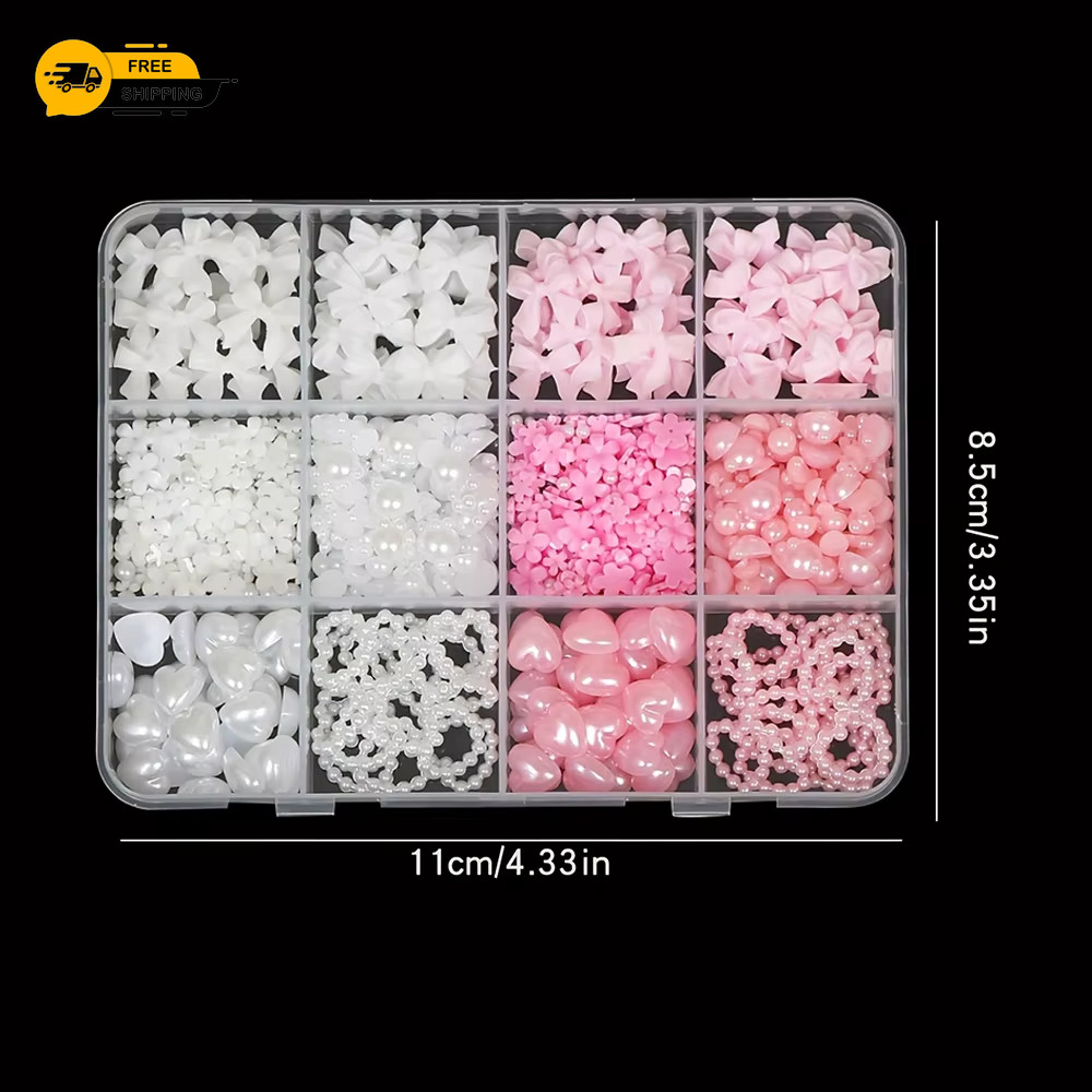 500PCS 3D Nail Art Decoration Kit with Resin Bows, Flat Back Pearls, and Assorte