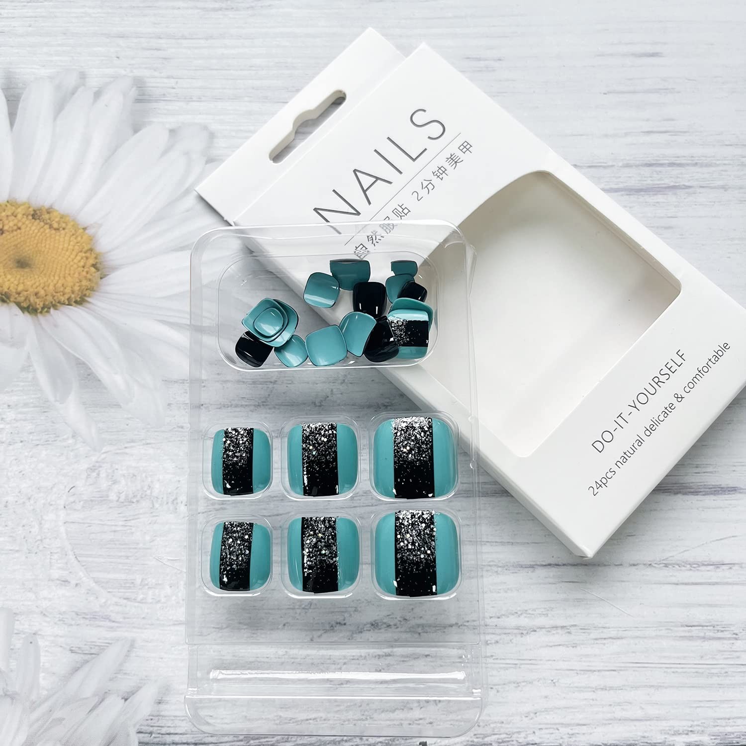 Short Press on Toenails Glossy Acrylic Square Shape Fake Toenails with Silver…