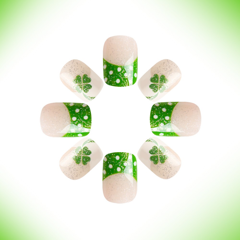 24pcs Green Clover French Press-On Nails. Detachable, Fresh & Festive for Women