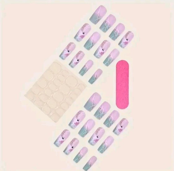 24pcs Set Of Long Square Purple Gradient Press-On Nails With Floral Design
