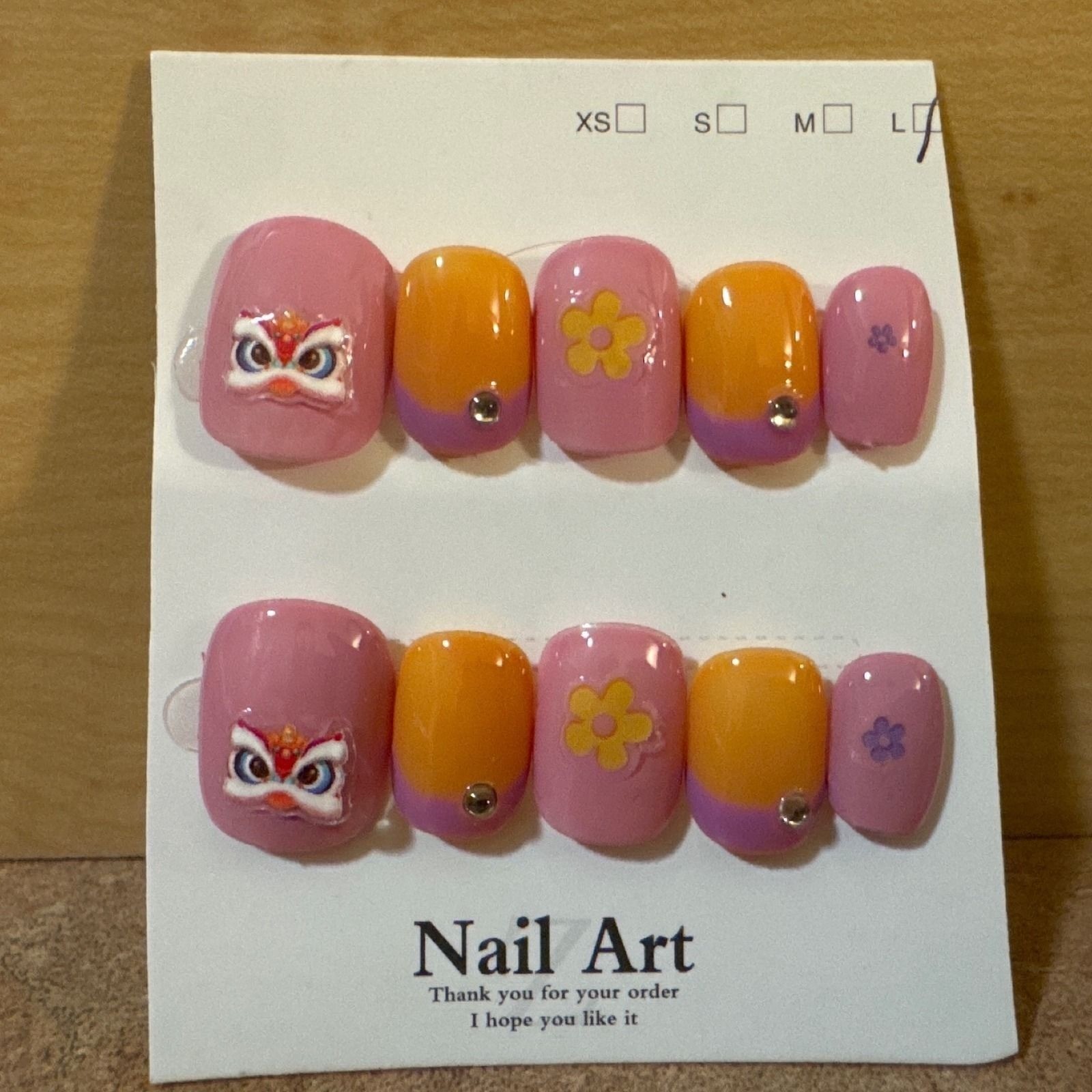 Pink and Orange Press On Nails 3D Lion Dance Floral Rhinestone Accent Size Large