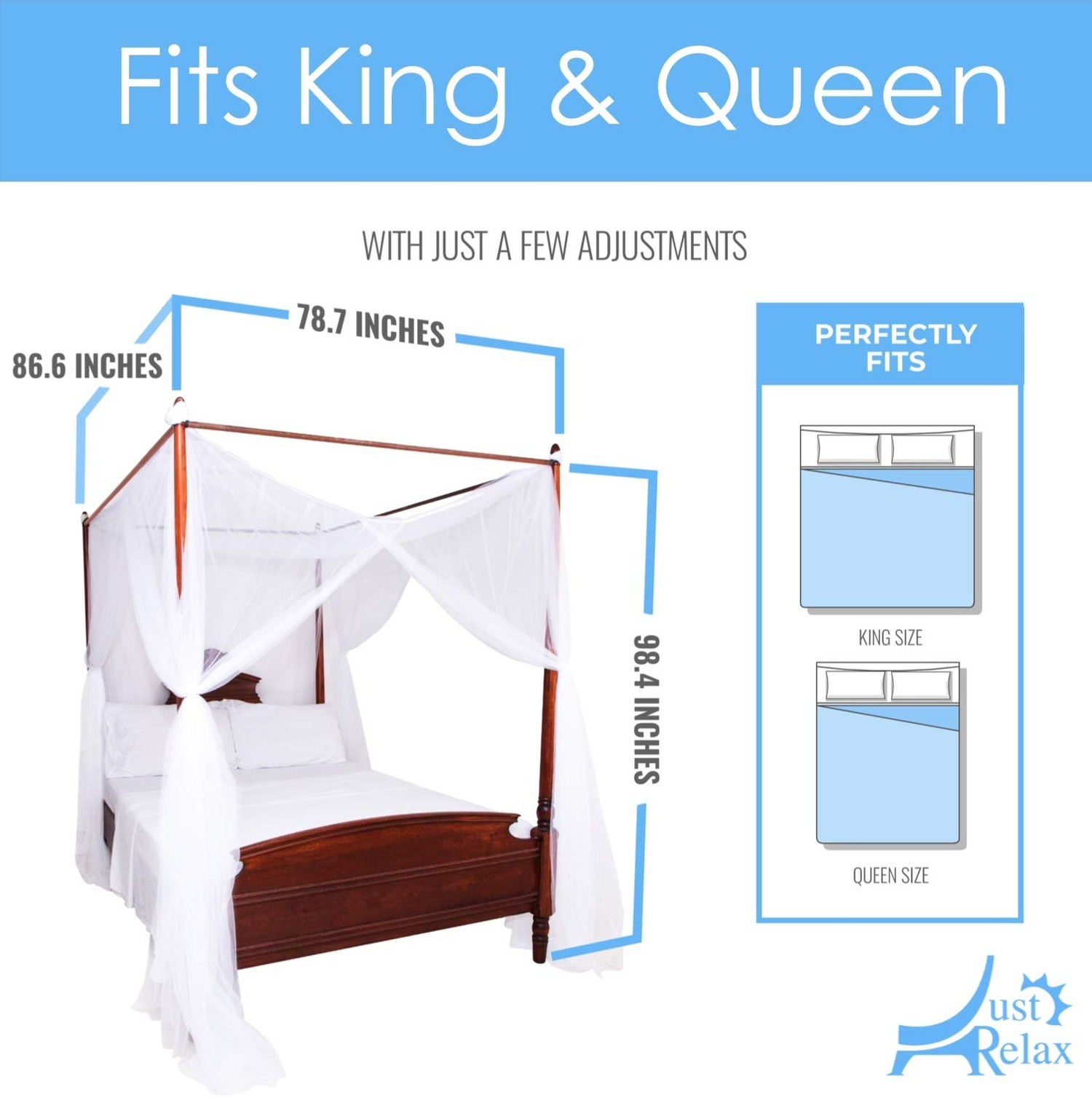 Just Relax Four Corner Post Decorative Elegant Bed Net Canopy Set, White, Ful…
