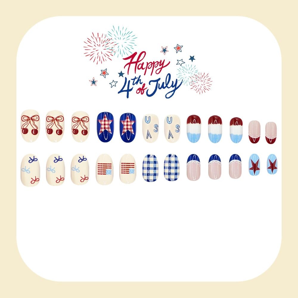 4th of July Press on Nails Medium Oval Fake with Medium, Style-33
