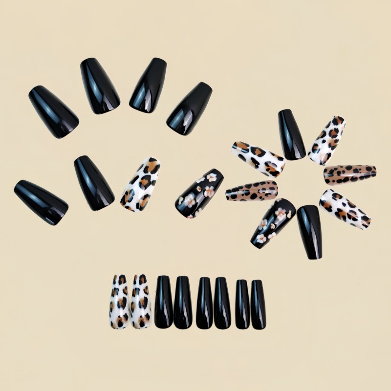 48Pcs-Black Leopard Print Press on Nails Glossy Long Coffin Nail Art Set Daily
