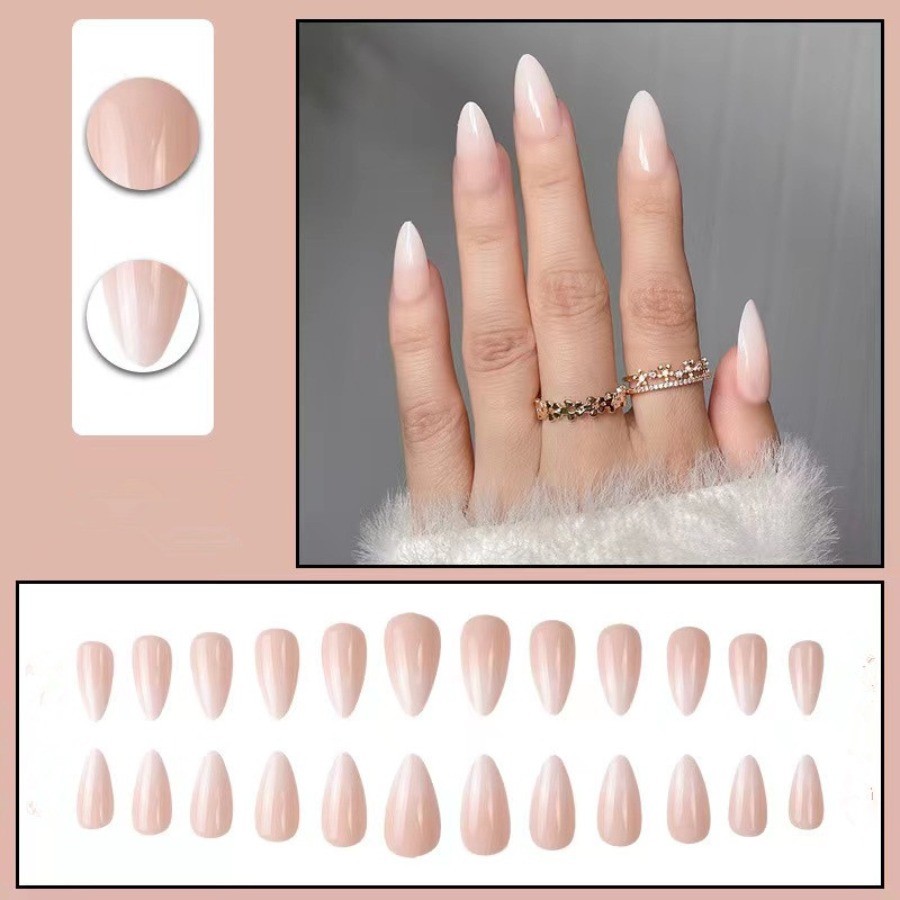 48pcs Almond Press on Nails, Nude Milky White Gradient Gloss Simple Nails