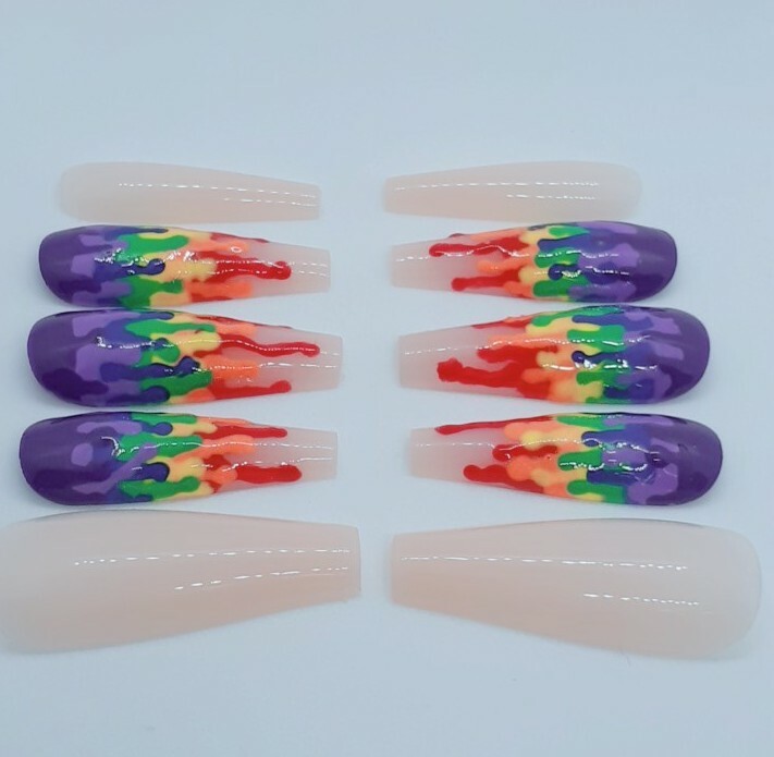 Rainbow Paint Drip Nude Vibrant Multicolor Coffin Press on Nails Set of 10