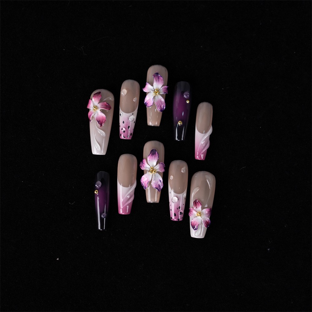 Handmade Press On Nails Purple Gradient Floral Rhinestone Long Coffin Fake Nails