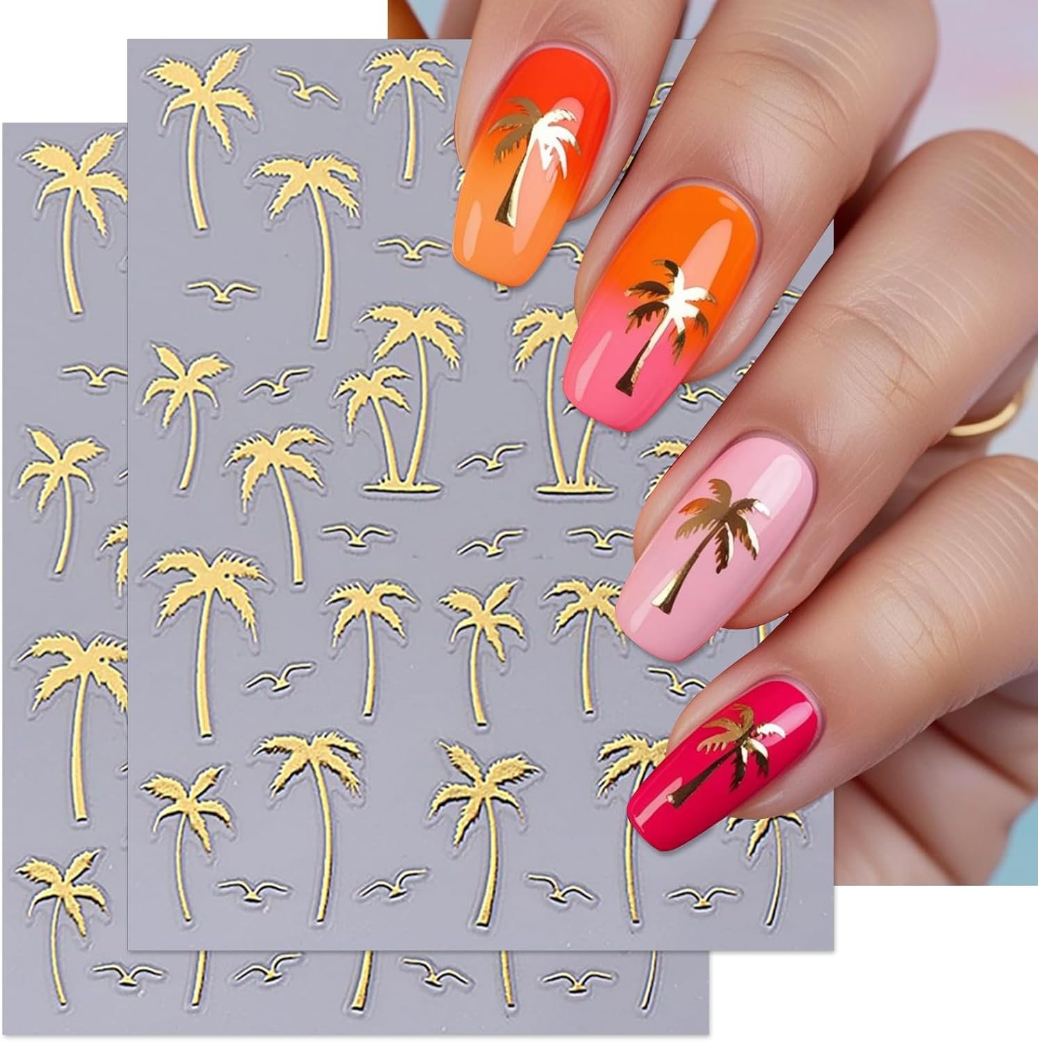 Summer Palm Tree Nail Art Stickers – Colorful Coconut Tree Seagull Self-Adhesive