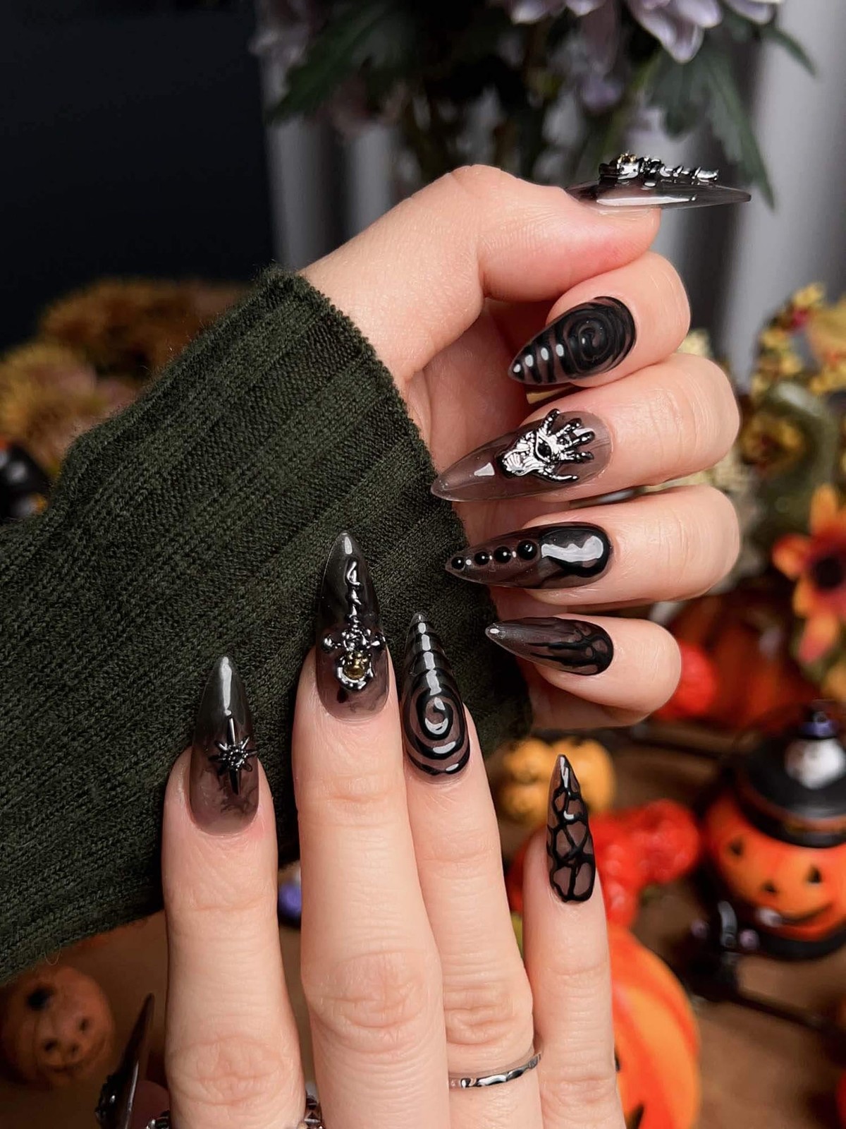 Custom Handmade Halloween Skeleton Hand Spider Web Cross Charms Press on Nails