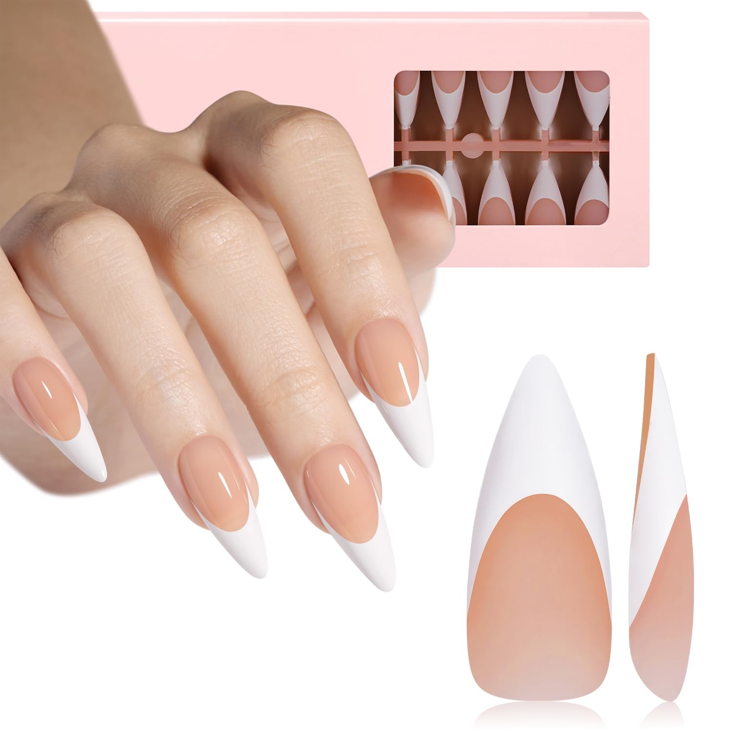 AILLSA French Tip Nails Press on Nails Long Almond 180 Pcs
