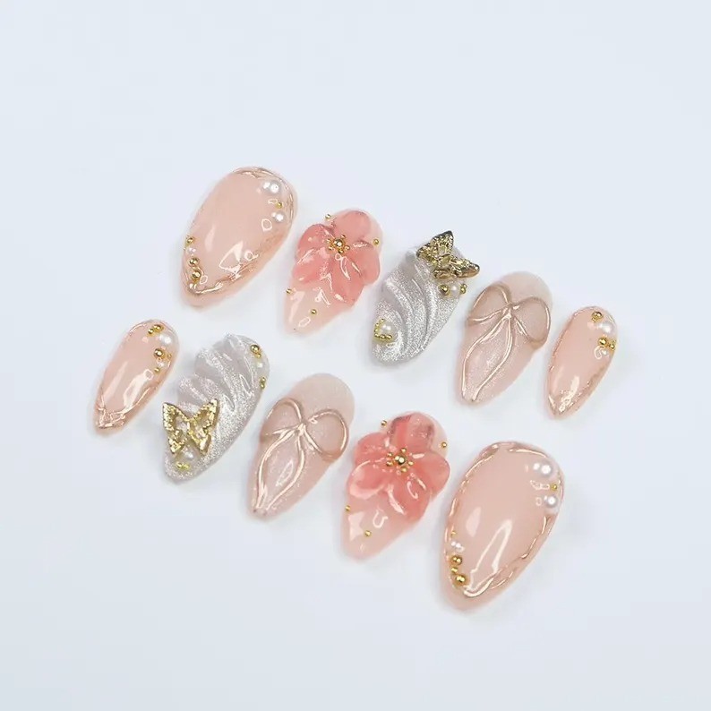 Blush Elegance Handmade Press-On Nails with 3D Flowers, Bows & Gold