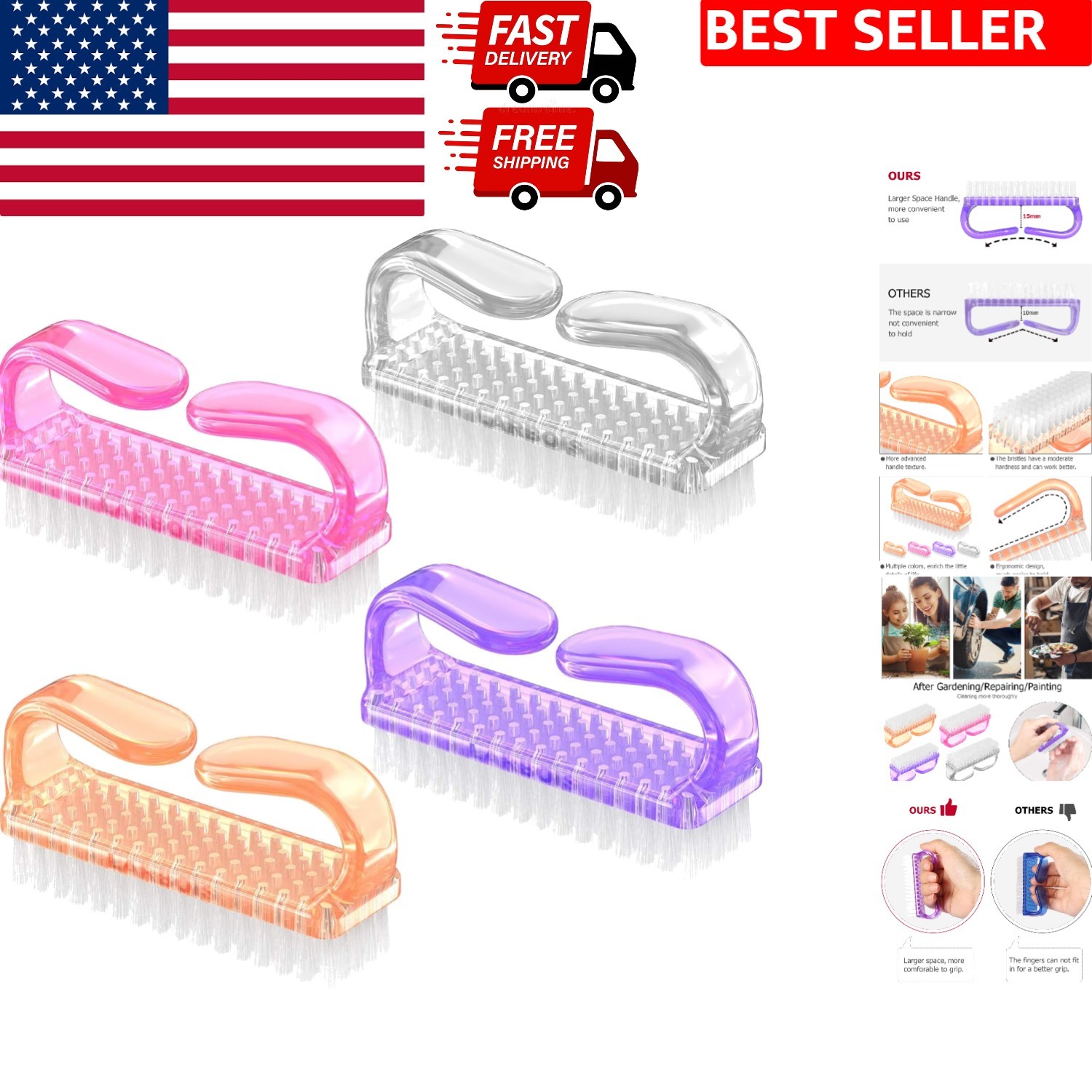 4PC Handle Grip Nail Brush Set – Ergonomic, Colorful & Durable for Manicures …