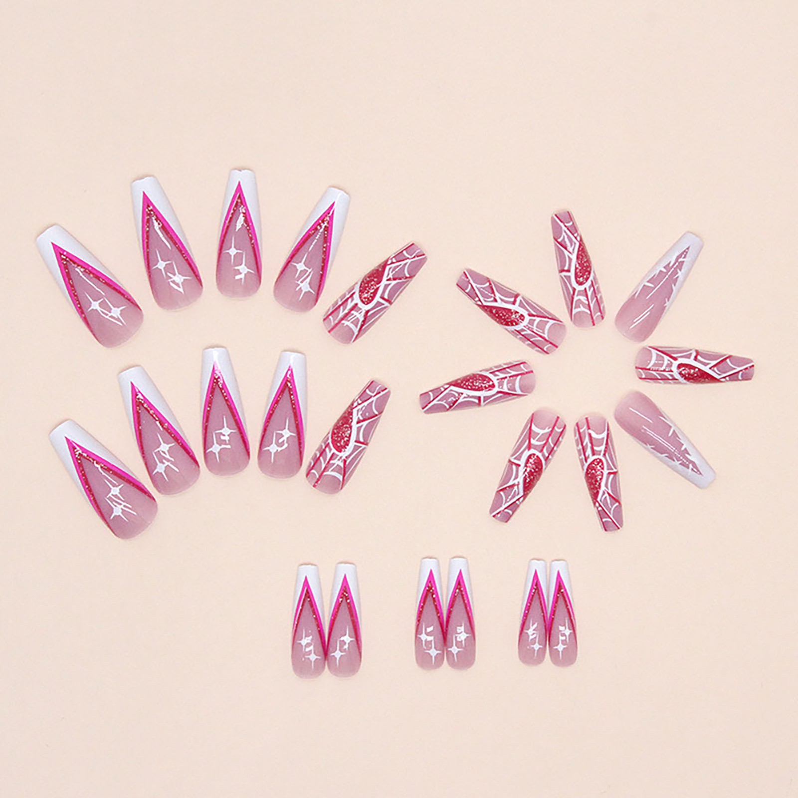 Pink Long Square French Tips,Halloween Fake Nail w/ Spider Web Printed False Nai