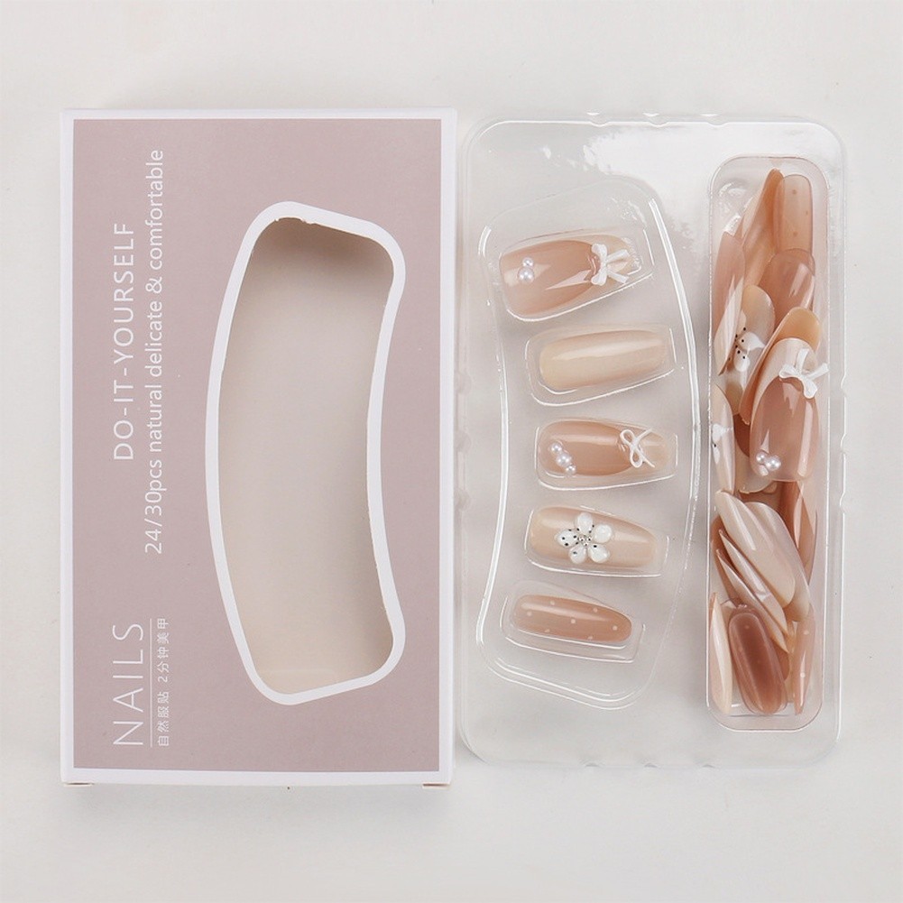 Wearable Nails for Women Featuring 3D Pearl Embellished Flower Bow Removable
