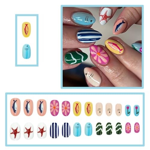 Summer Ocean Press on Nails – Short Oval Fake Nails – Summer Ocean Nails