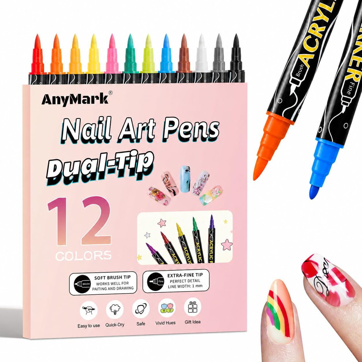 12 Colors Nail Art Pens Set, Dual Tip Nail Art Markers | Quick-Dry Nail Polish P