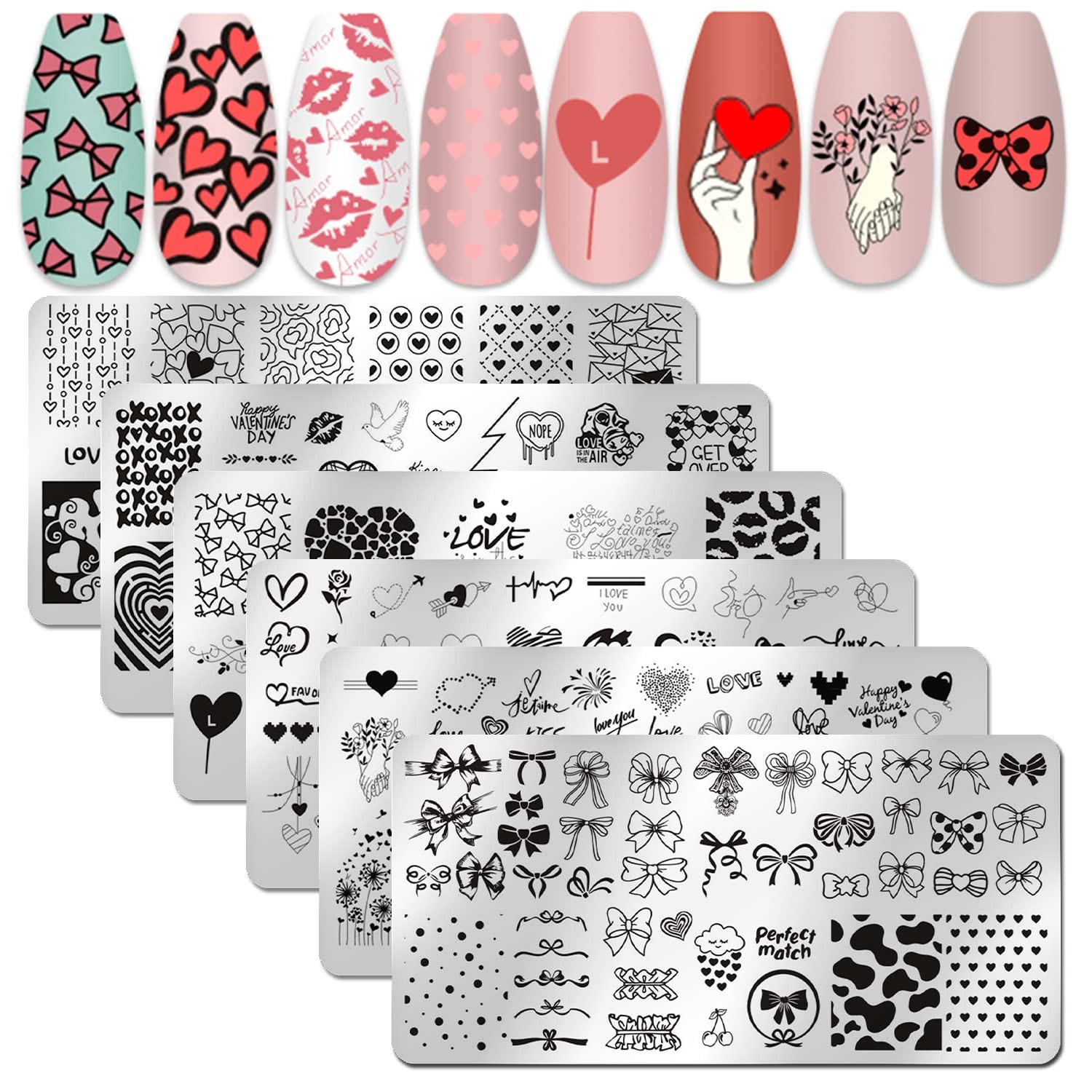 6 Pieces Valentine’s Day Nail Stamp Nail Stamping Plate Holiday Heart Nails D…