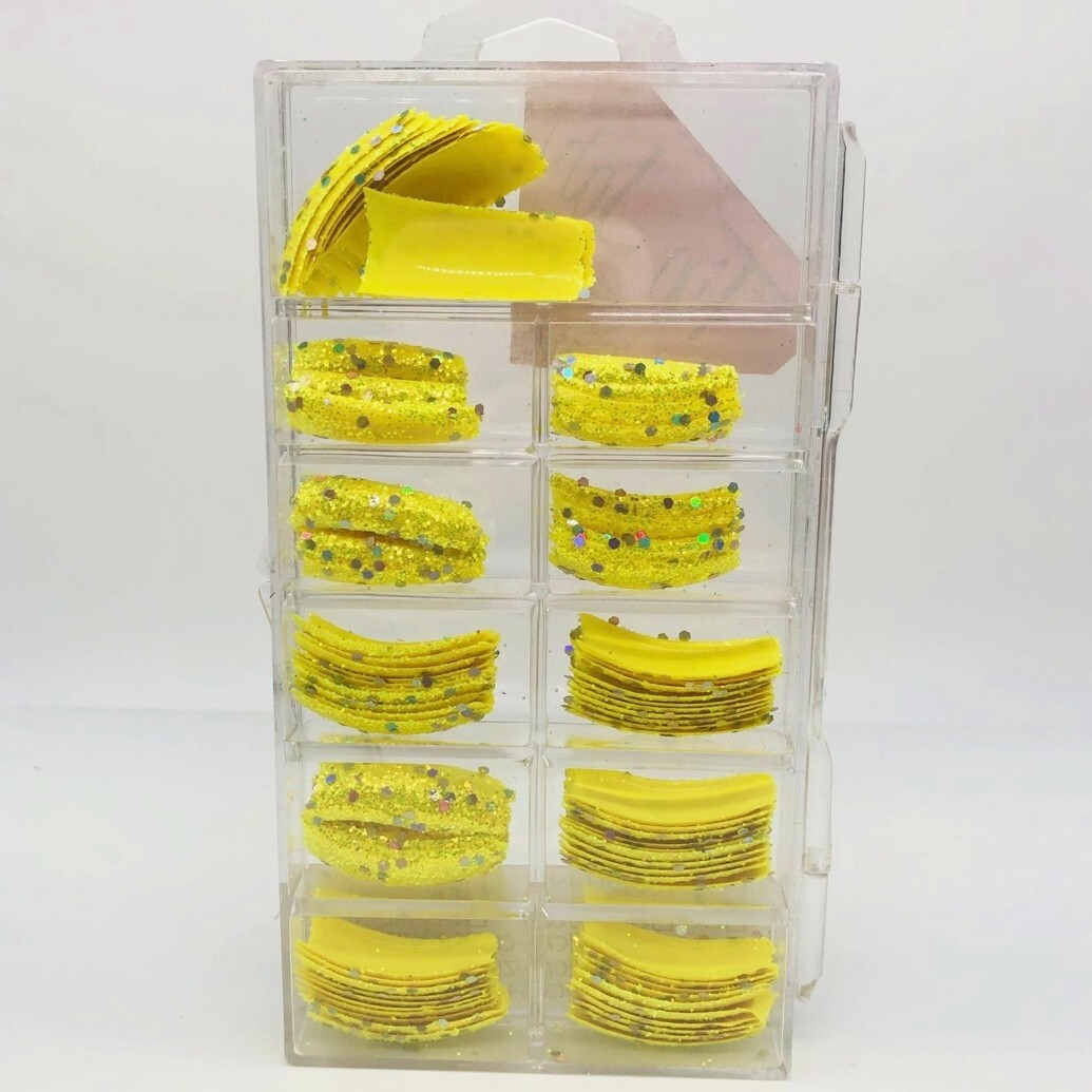 Brand New Tip Jar Fake Nail Tips – Yellow with Chunky Glitter (#240)