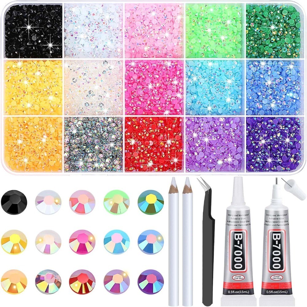 B-7000 Glue with 15000Pcs Craft Rhinestones, Resin Jelly Rhinestones Flat Back