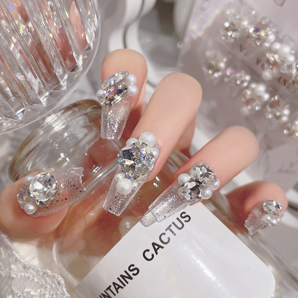 Diamonds Press on Nail Pearl Glitter Sparkling False Nail Tips Sliver Nail Patch