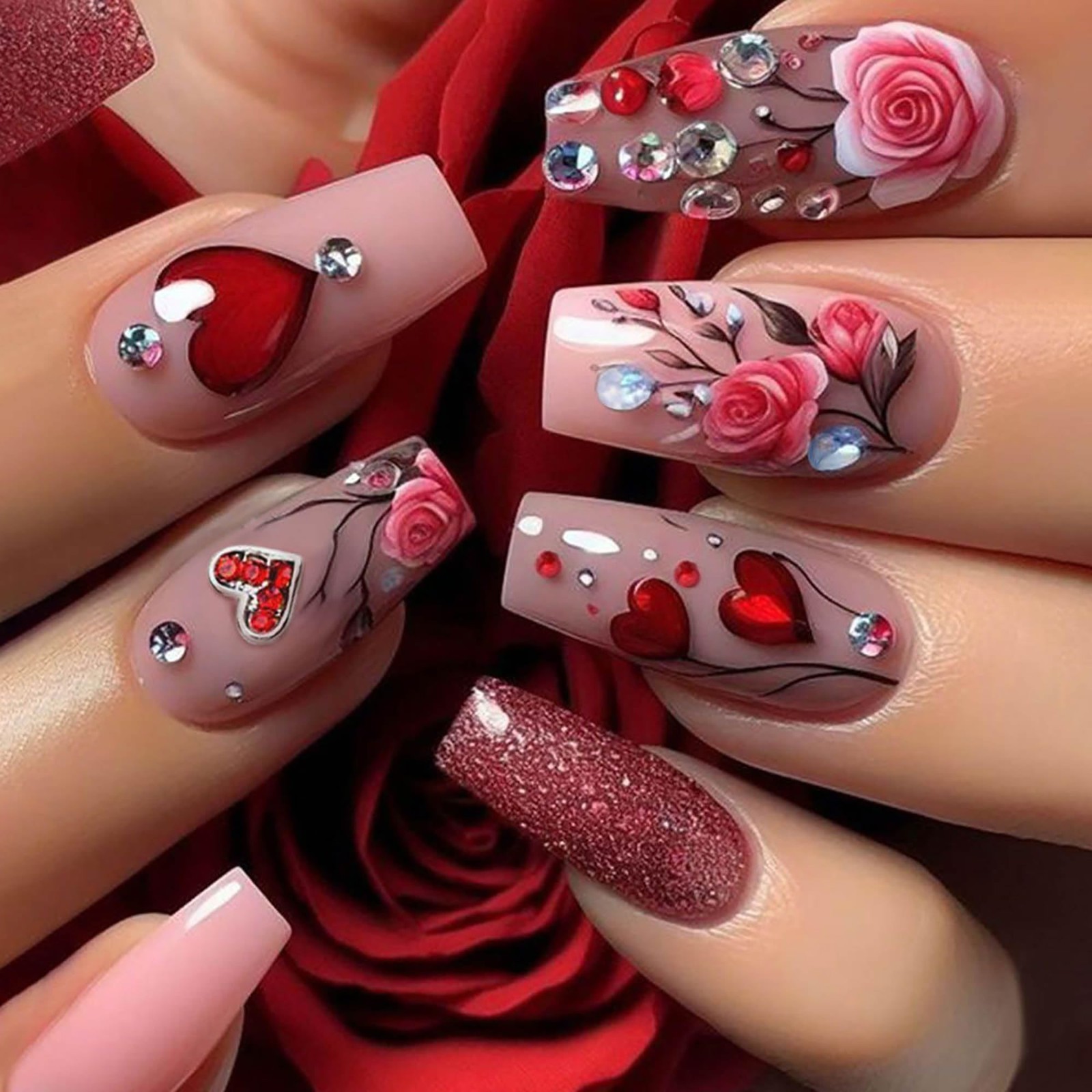 Rose Heart 3D Gem Handmade Press On Nails
