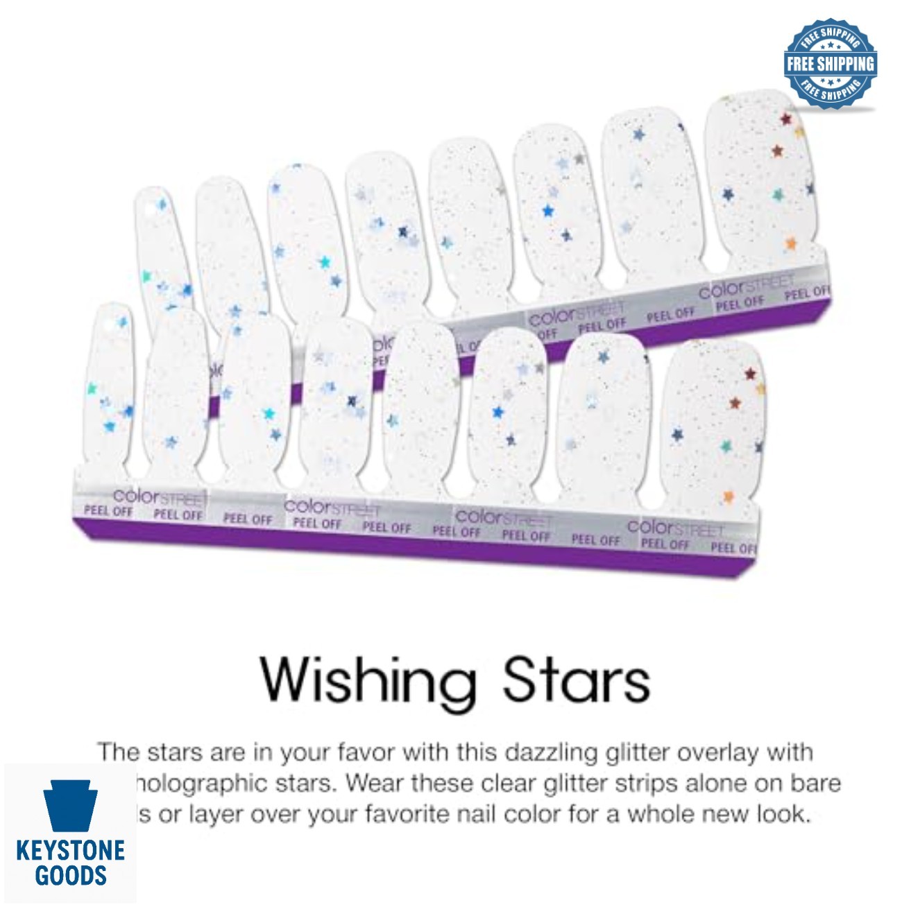 Nail Art Strips 16 Double-Ended Holographic Star Clear Glitter Overlay Peel