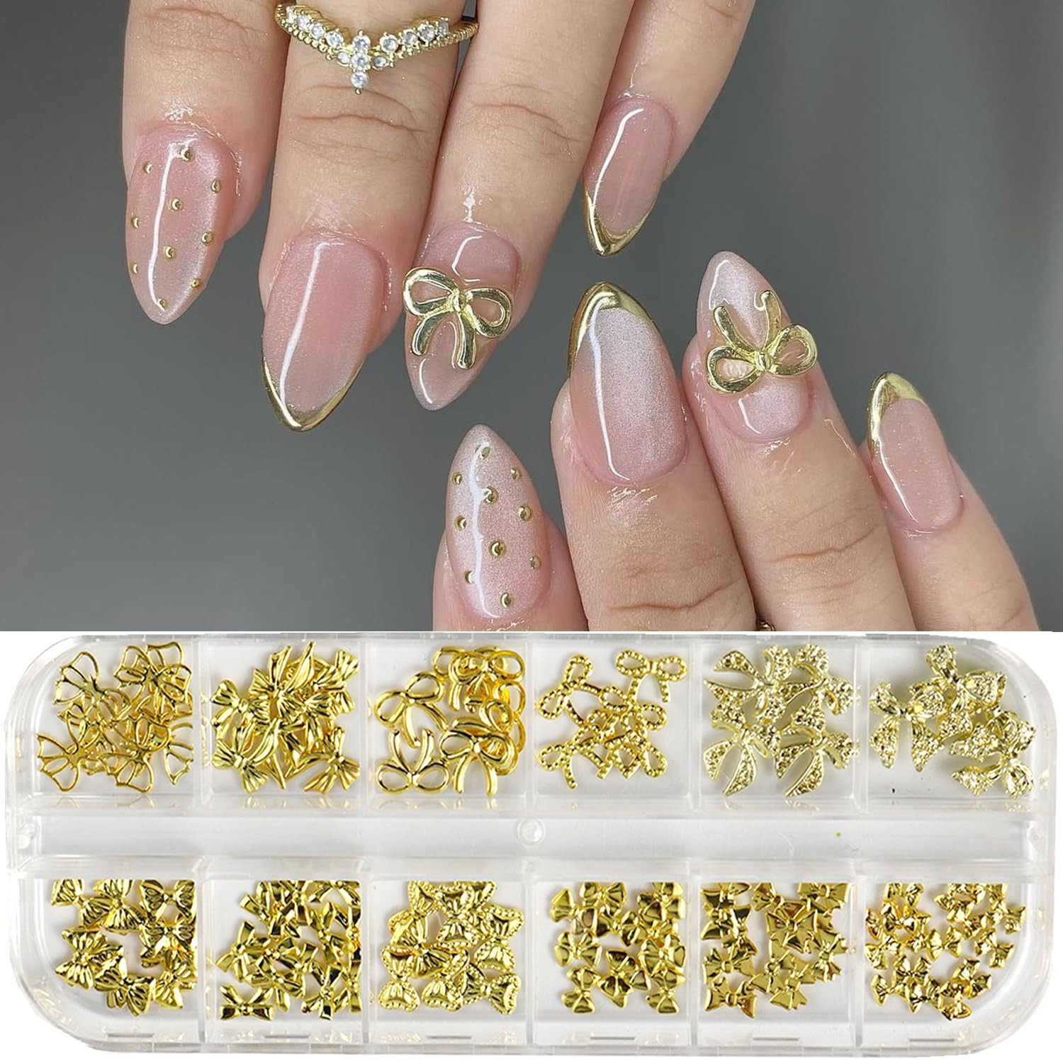 12Grids Gold Bow Nail Charms 3D Metal Bow Nail Art Charms Cute Bow Knot Nail Rhi