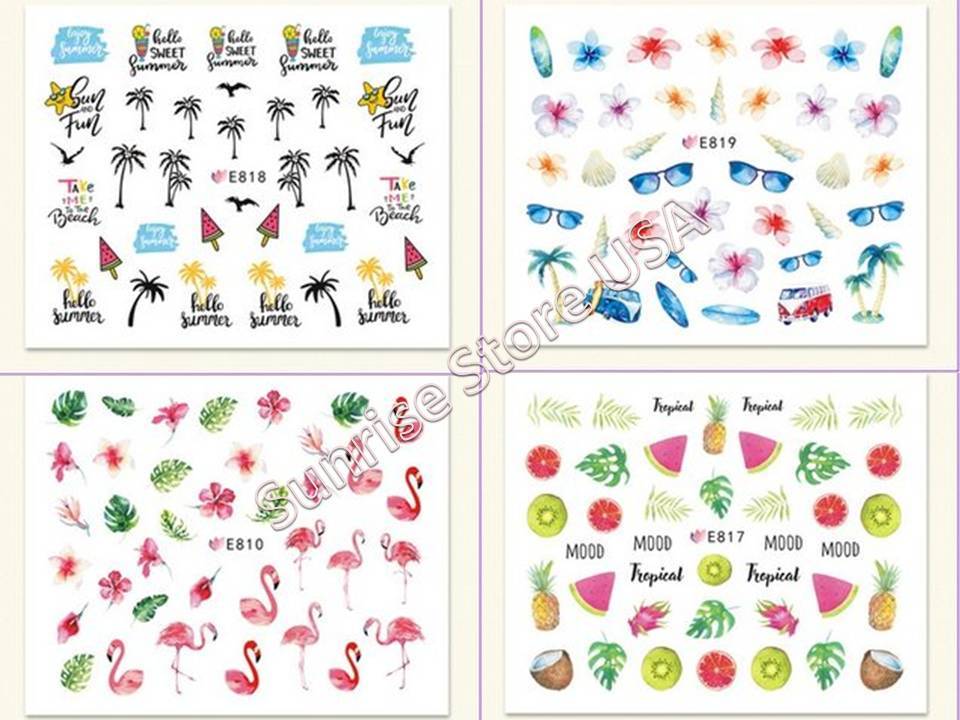 11 Design 3D Nail Art Sticker Summer Palm Tree Flamingo Bird Fruit Flower Decals