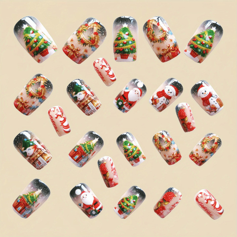 48P Long Coffin Press on Nails, Santa Snowman Tree Painted Holiday Fake Nails