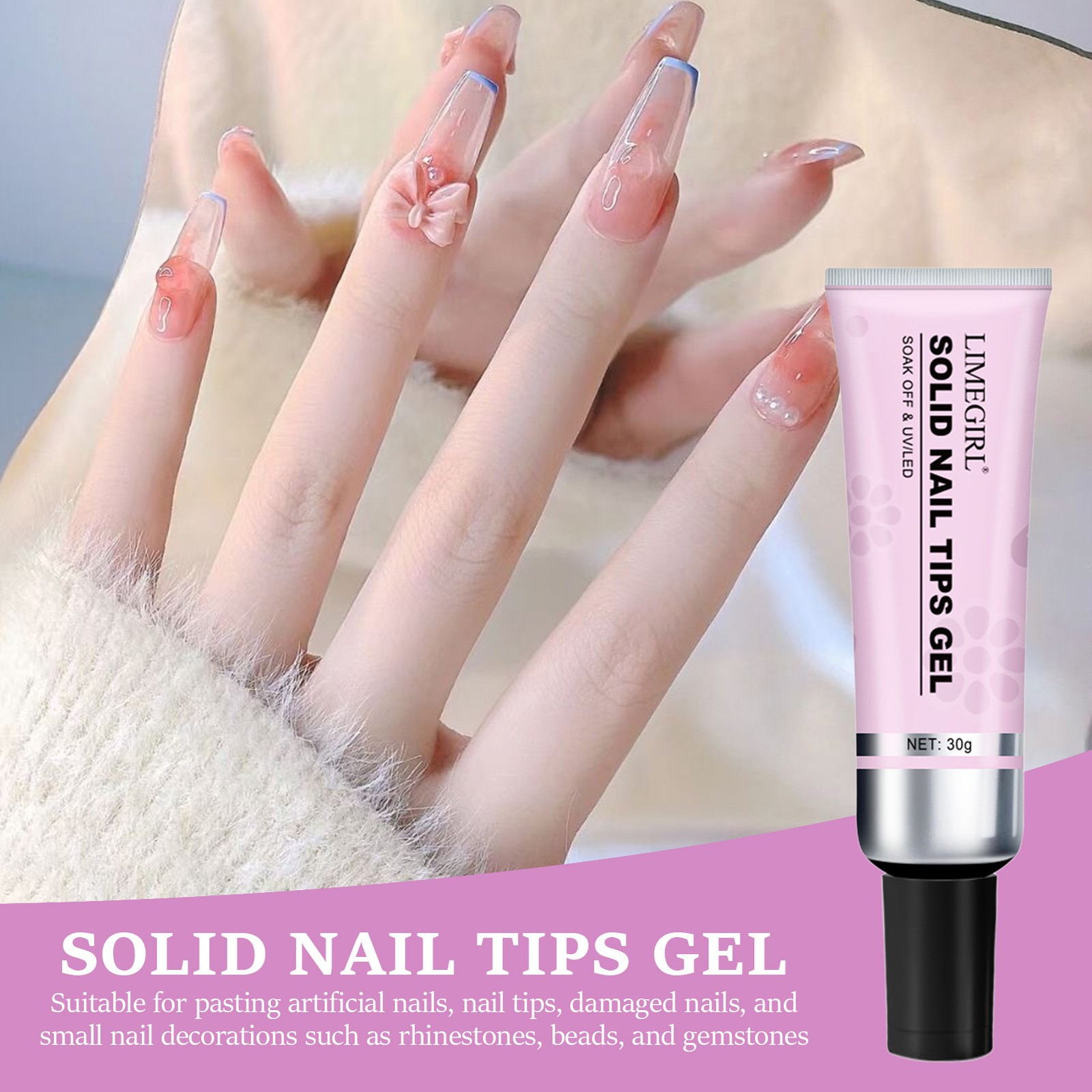 Solid Nail Glue Gel 30G Nail Gel Glue for Acrylic Nails, Soft Gel Nail Tips Glue