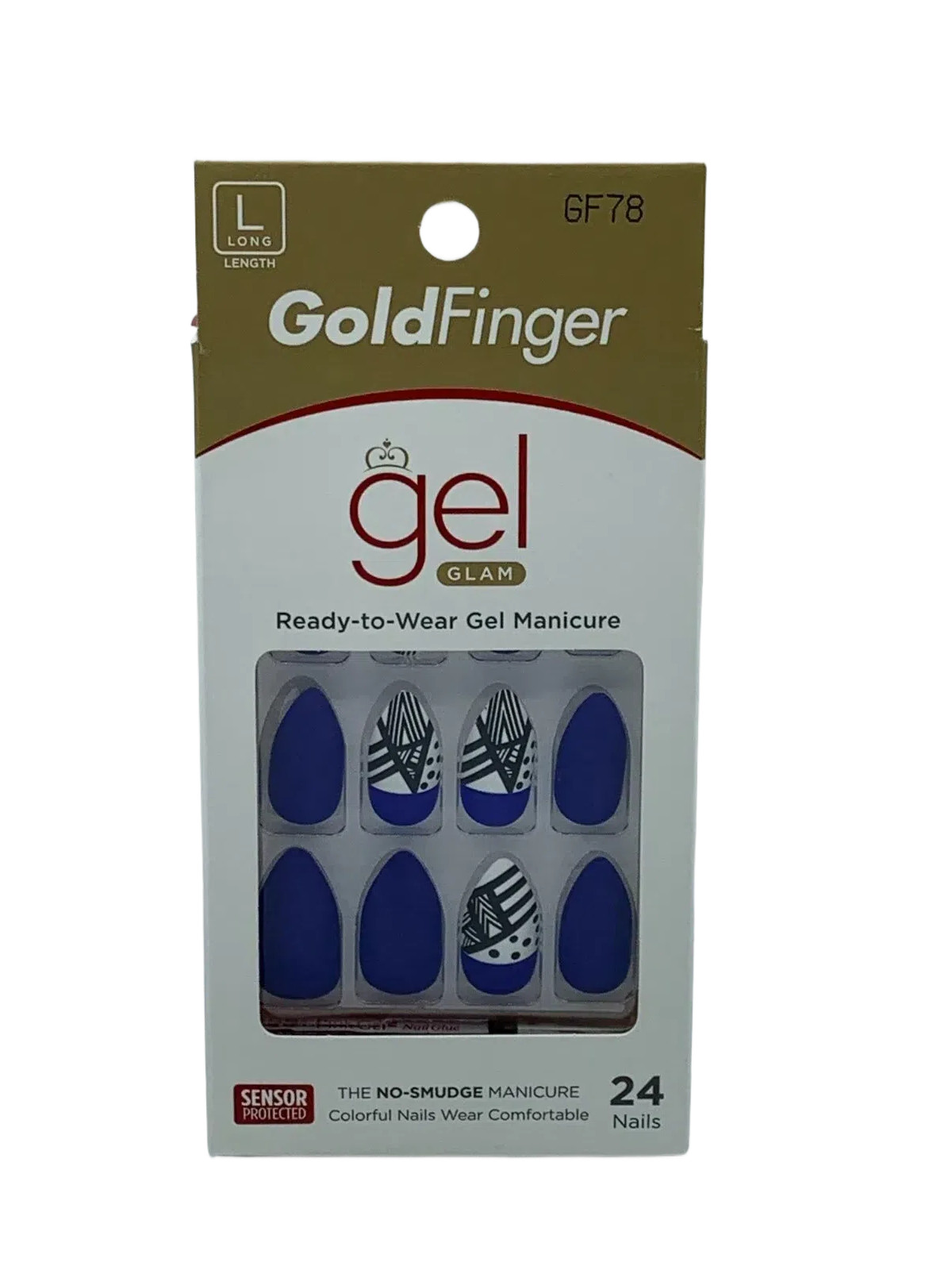 GoldFinger Glue-On Long Gel Nails Matte Royal Blue & Abstract Deco Design GF78