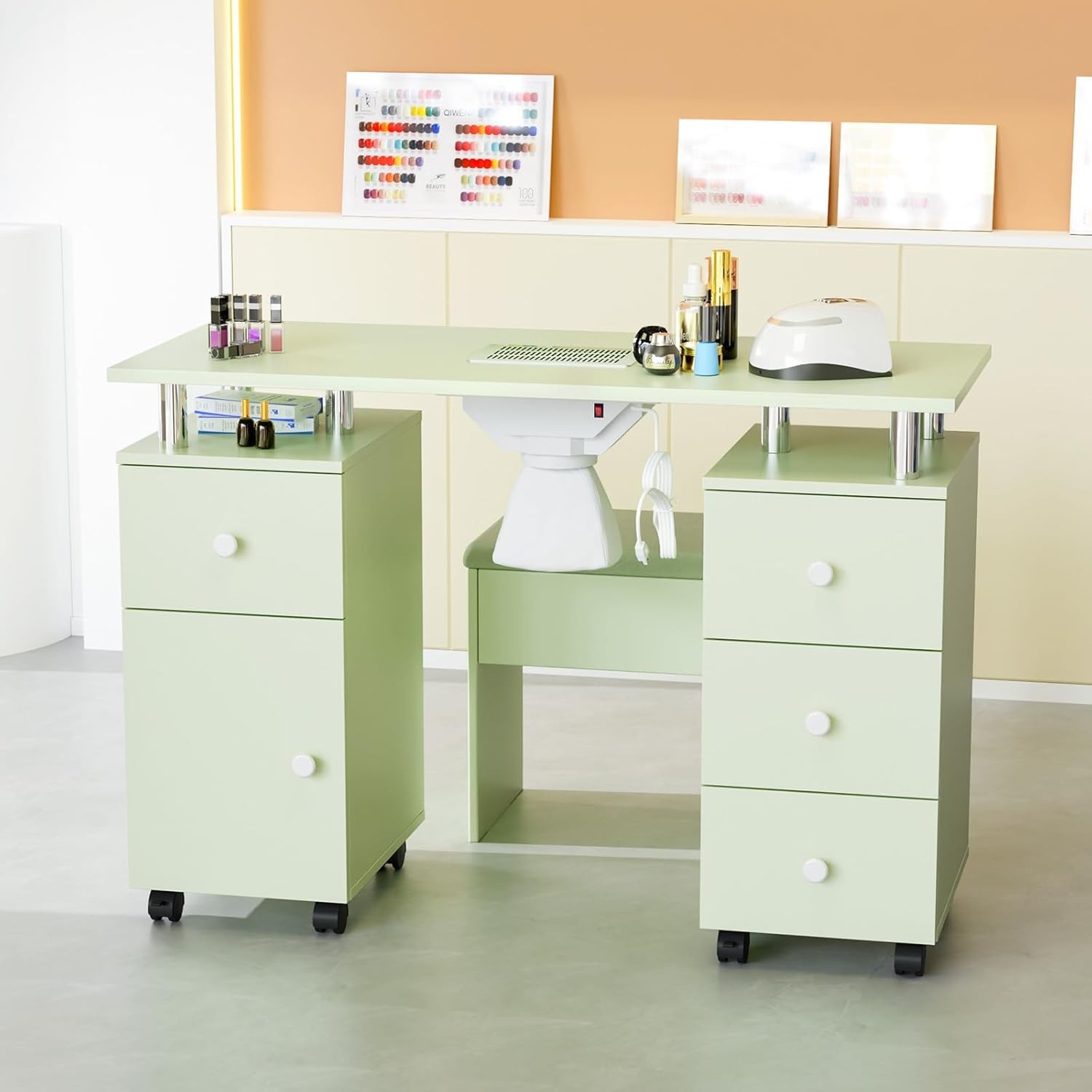 Salon Nail Desk Set with Stool, Drawers, Dust Collector, Smooth Rolling Wheels
