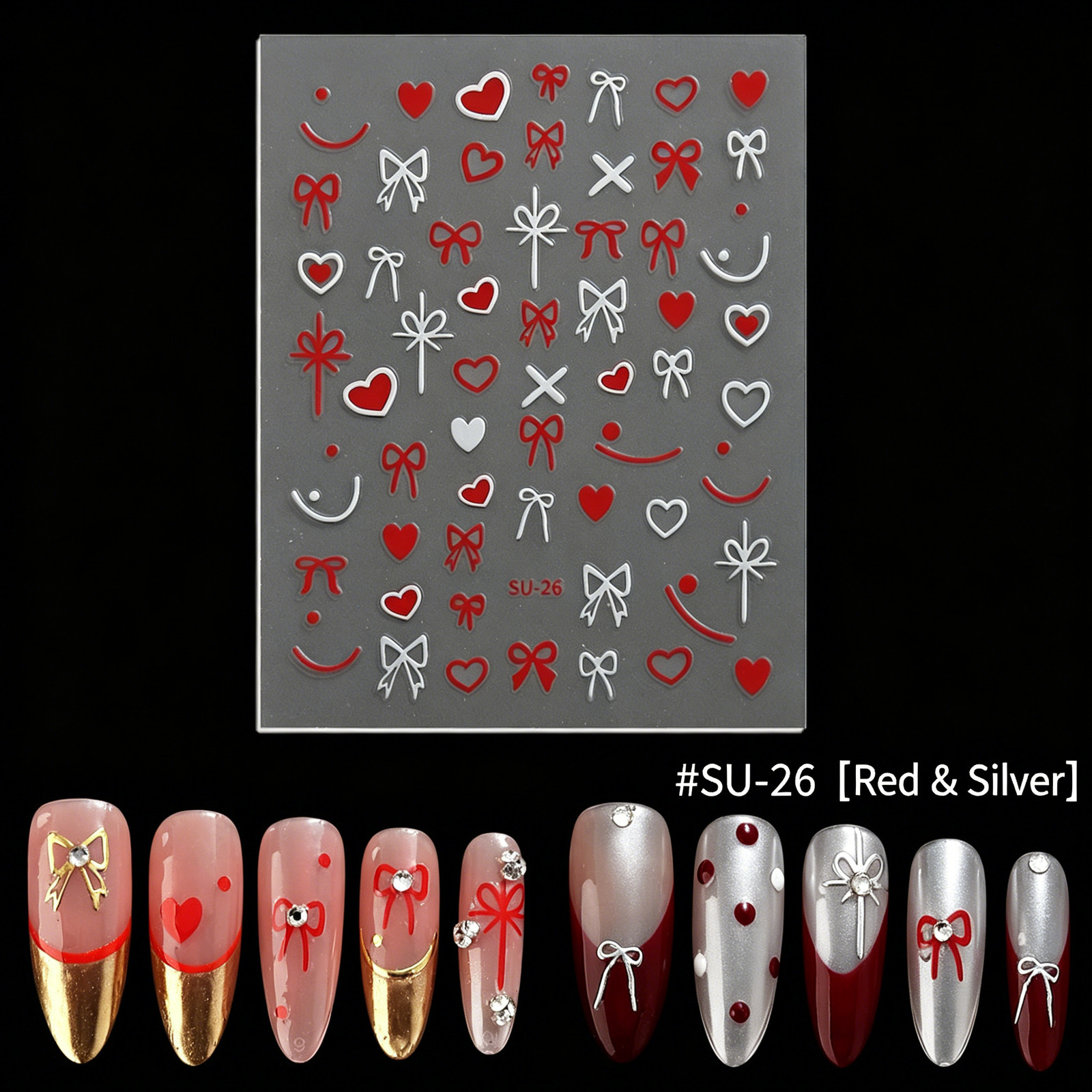 Internet Celebrity Heart Nail Stickers, Mini French Black White Red Multi-Size H