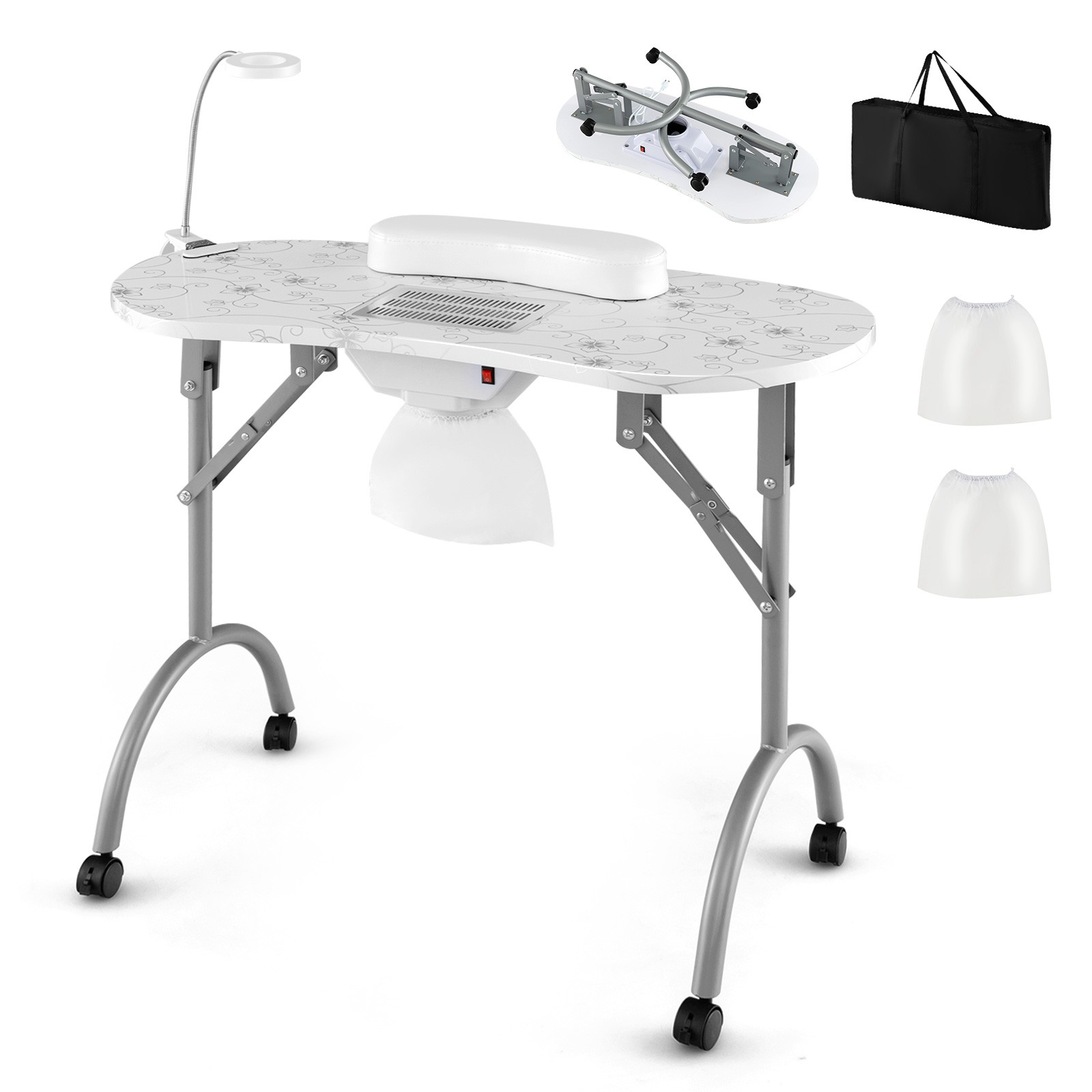 Folding Manicure Nail Table on Wheels w/Soft Wrist Pad & Electric Dust Collector