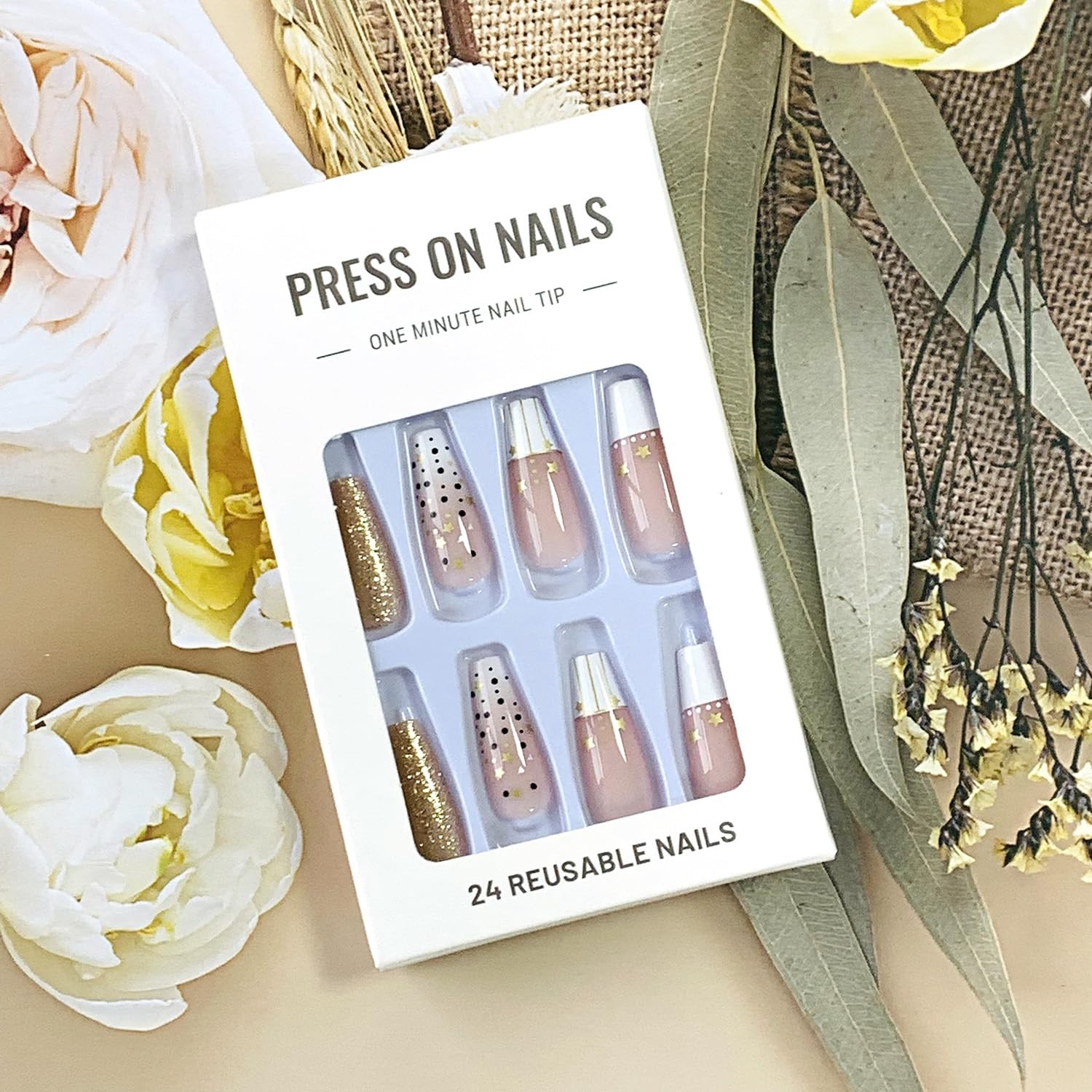 Press on Nails Medium Square Shaped French Tips Acrylic Glossy Full Cover Squ…