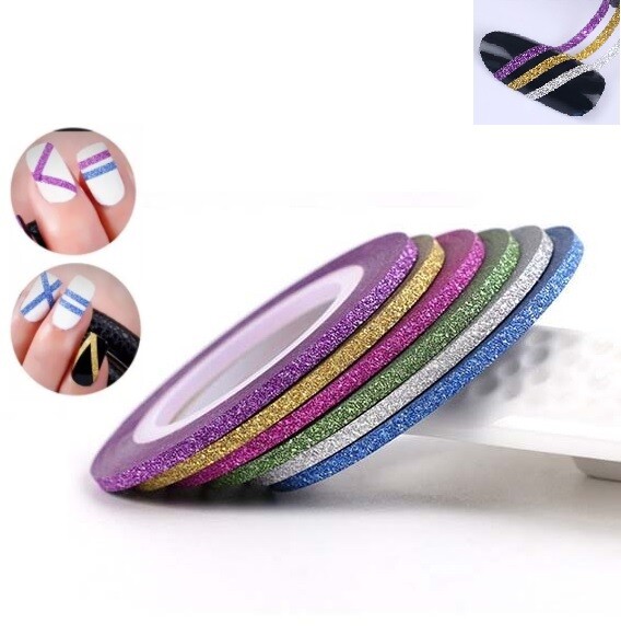 Glitter Nail Art 6 Pc Multi Color Striping Tape Line Tips Stickers DIY UV 2mm UK